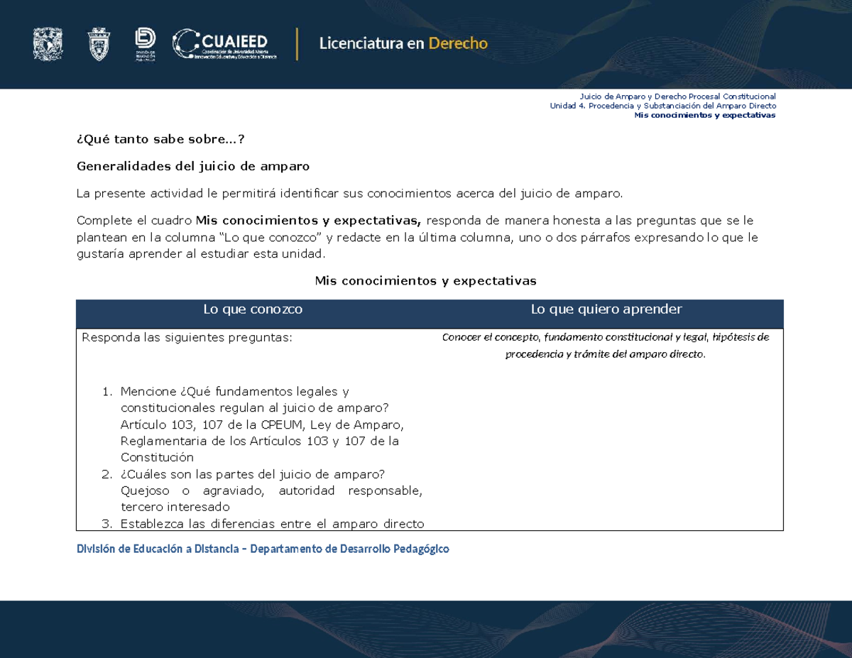 Juicio de amparo y derecho procesal constitucional: unidad 4 - Tarea ...