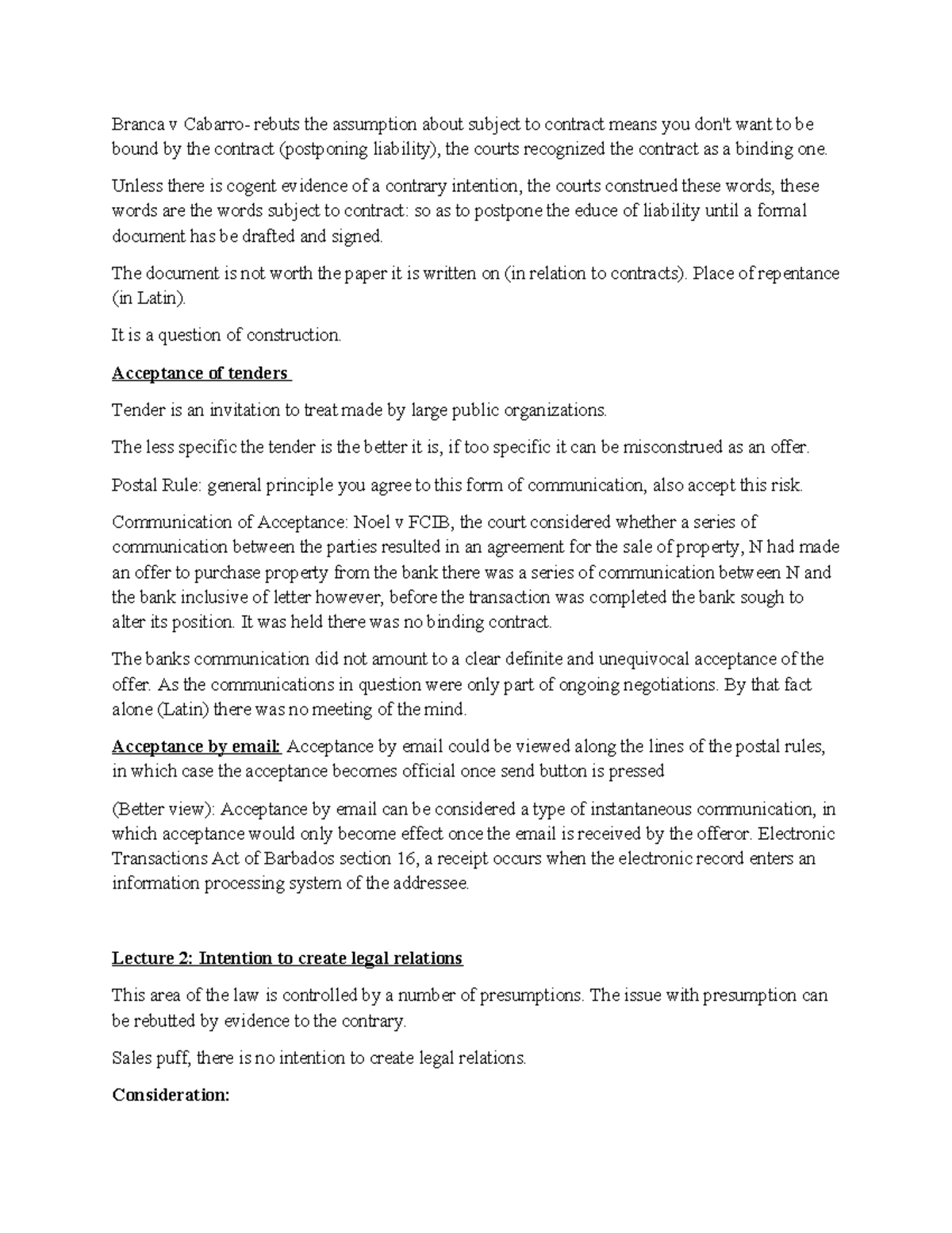 Contract Law Notes: Key Concepts and Case Analysis - Studocu