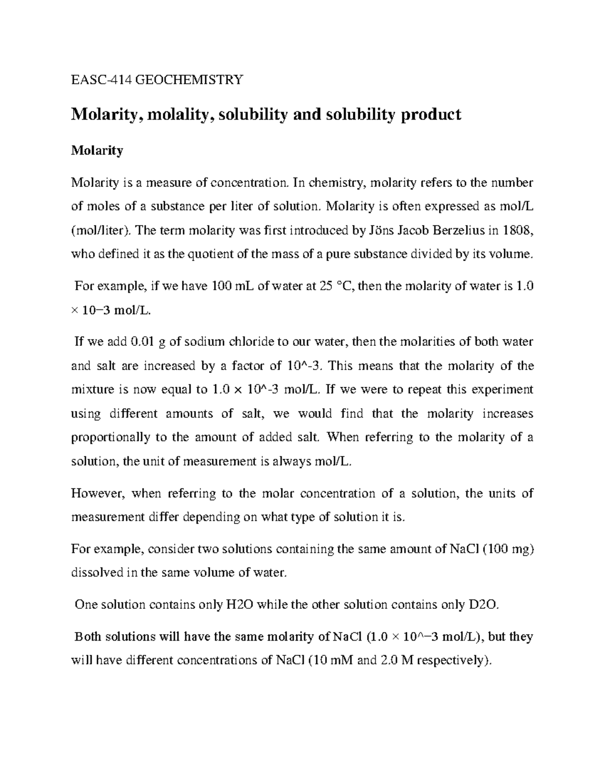 EASC-414 Lecture Notes on Molarity, Molality, and Solubility Concepts ...