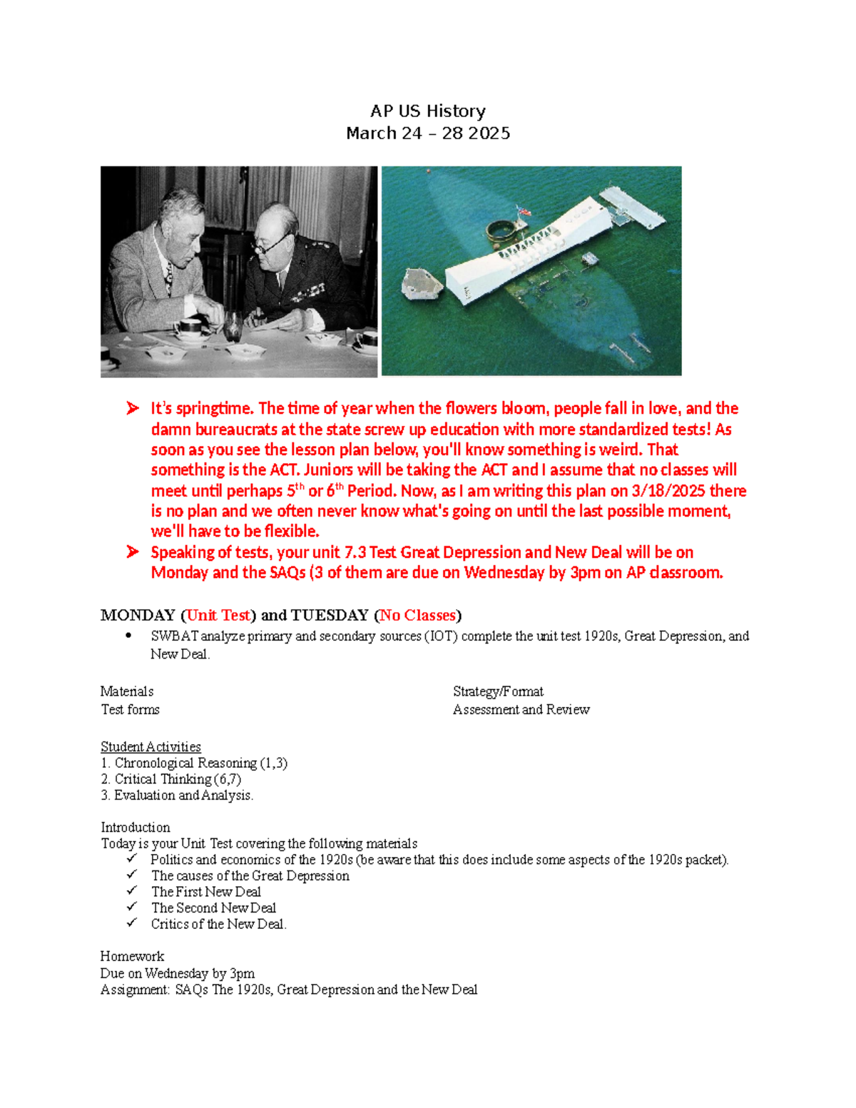 APUSH Unit Plan: March 24-28, 2025 - Great Depression to WWII - Studocu