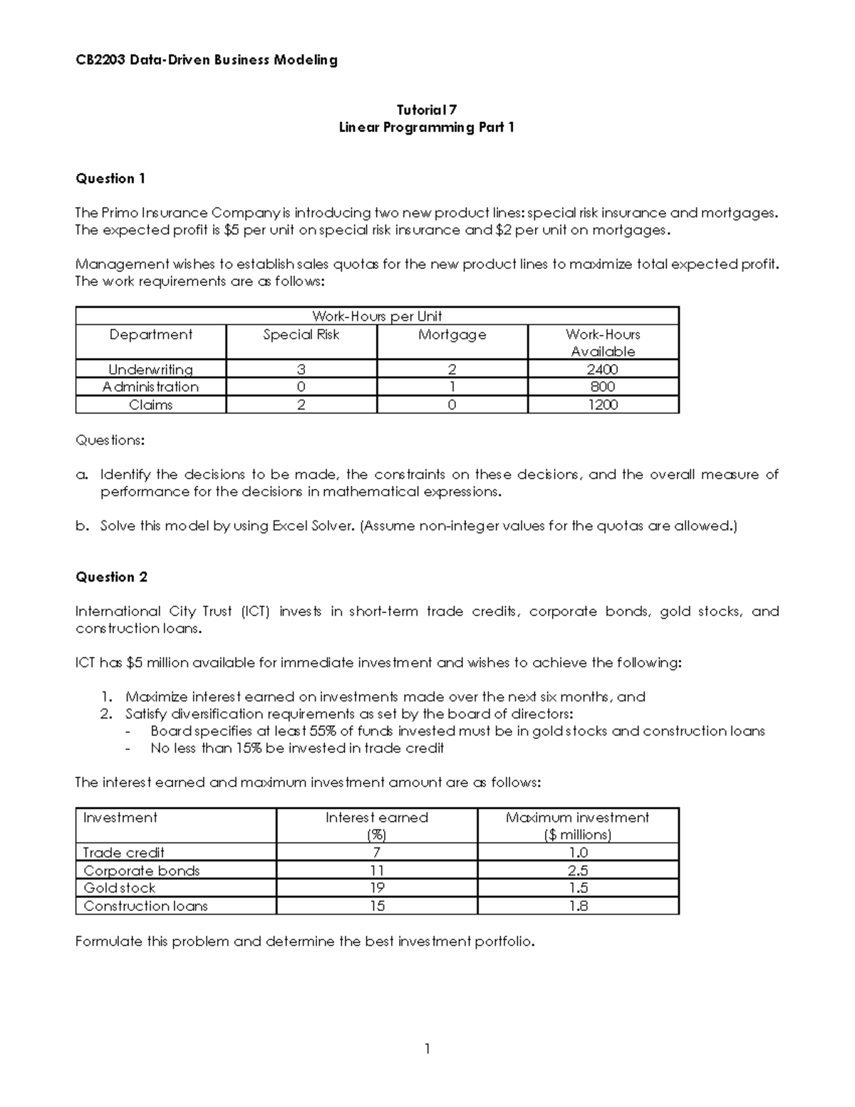 CB2203 LP Tutorial 7 - Exam Preparation Part 1 - Studocu
