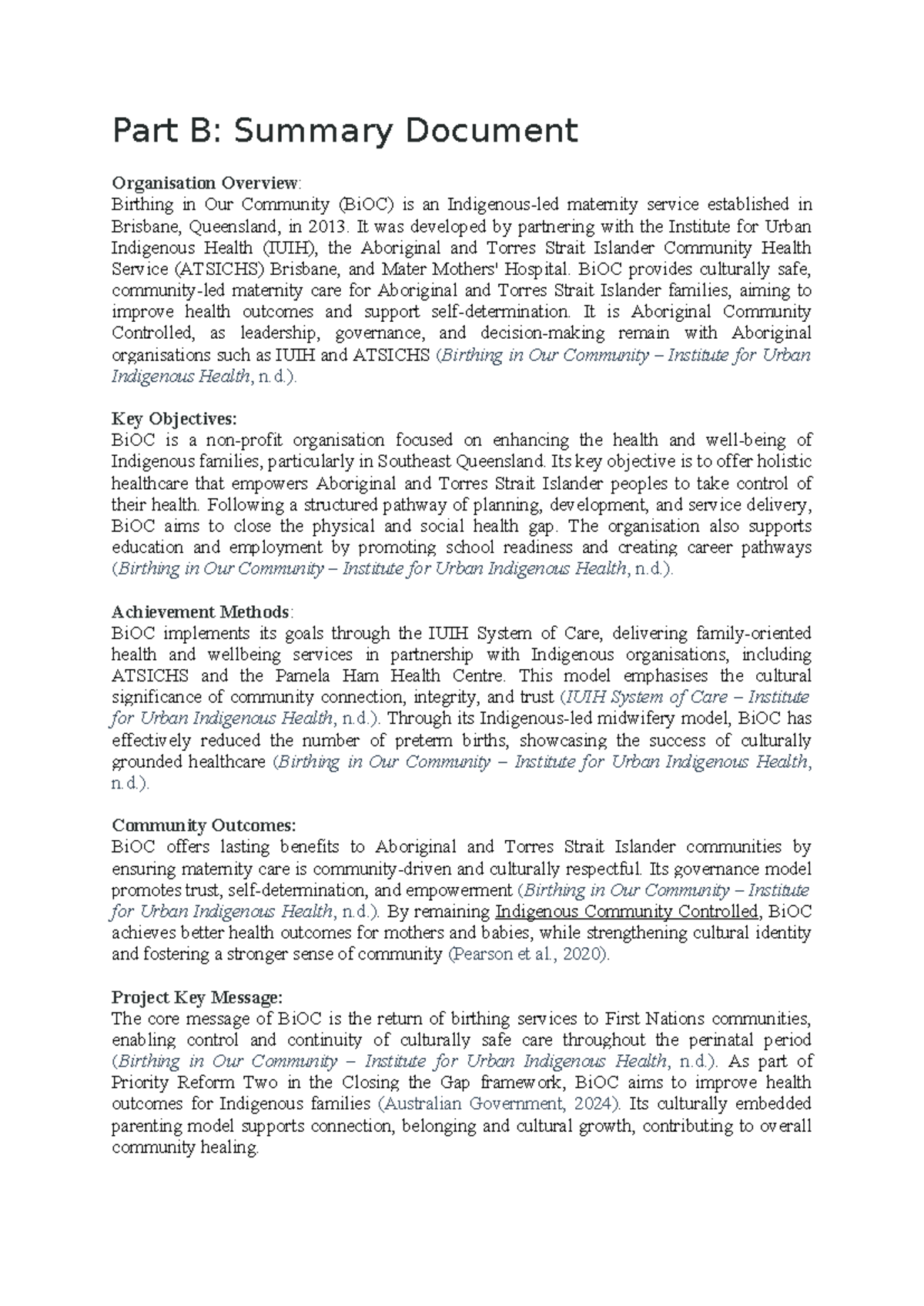Part B: Summary Document on BiOC Maternity Services (IHAB) - Studocu