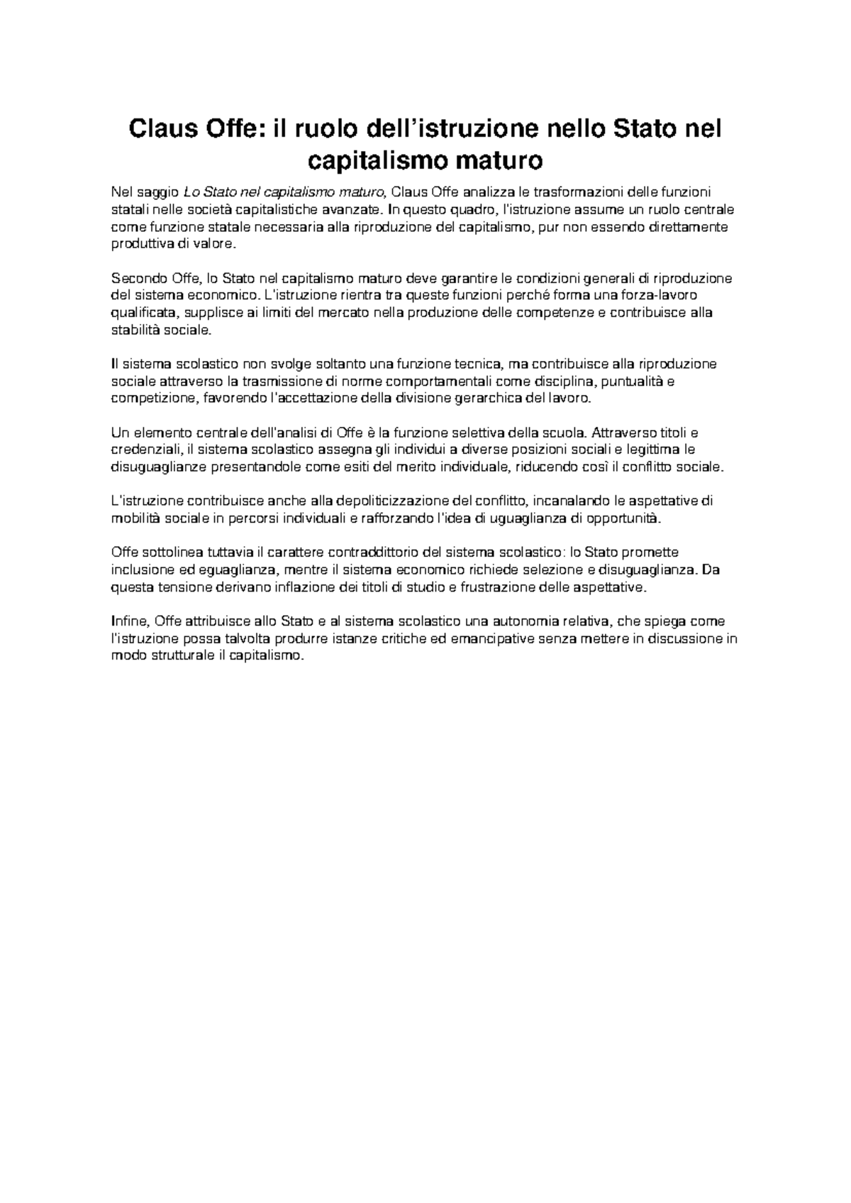Claus Offe: Istruzione e Ruolo dello Stato nel Capitalismo Maturo - Studocu