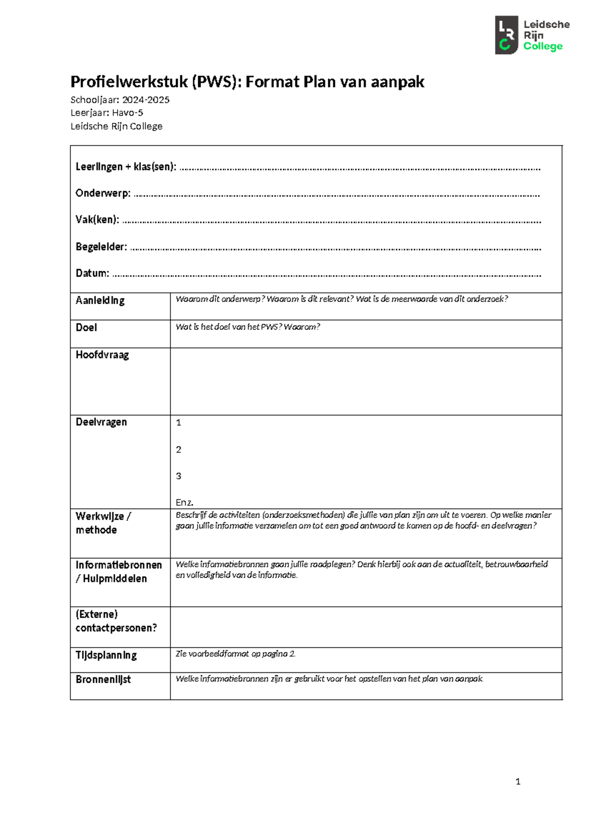 PWS - Format voor Plan van Aanpak (Schooljaar 2024-2025) - Studeersnel