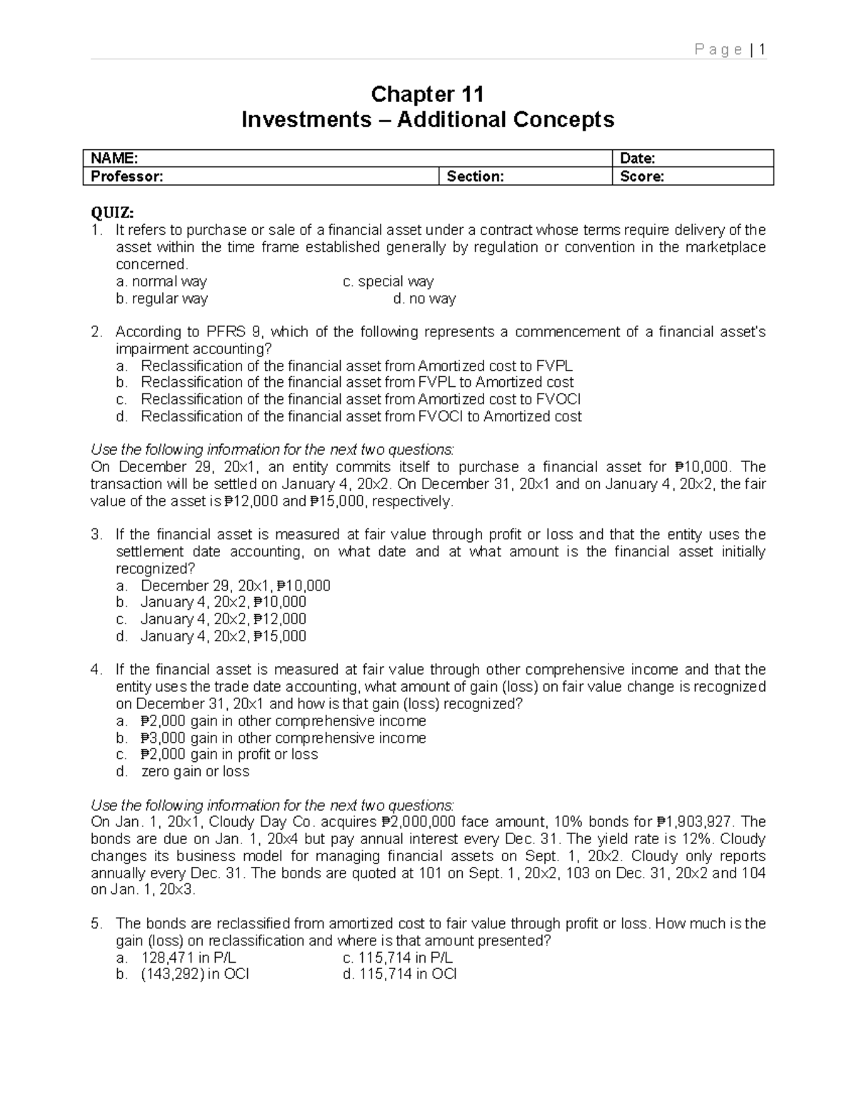 INVEST 101: Chapter 11 - Additional Concepts Quiz Drills - Studocu