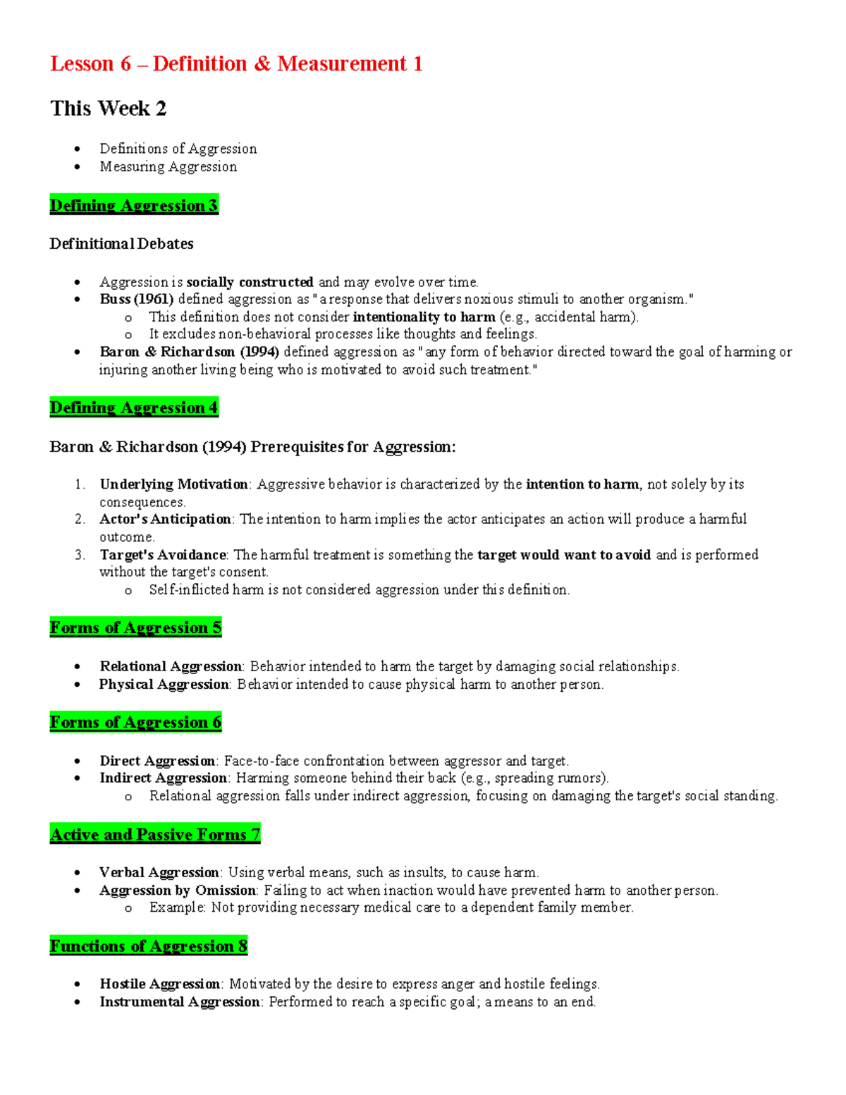 3720 Final Exam Notes: Understanding Aggression and Its Measurement ...
