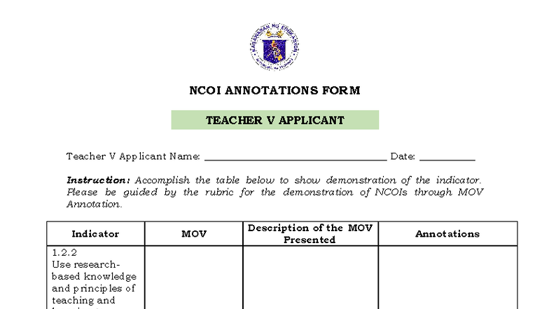 Teacher V - NCOI Annotations Form for Professional Practice - Studocu
