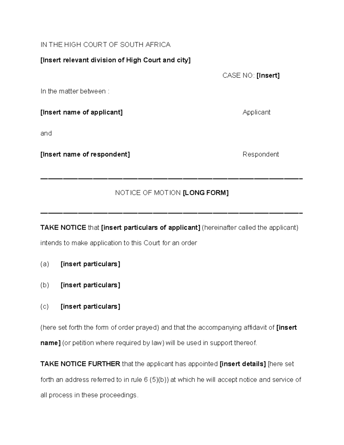 High Court Notice of Motion - Case No: [Insert Case No] - Studocu