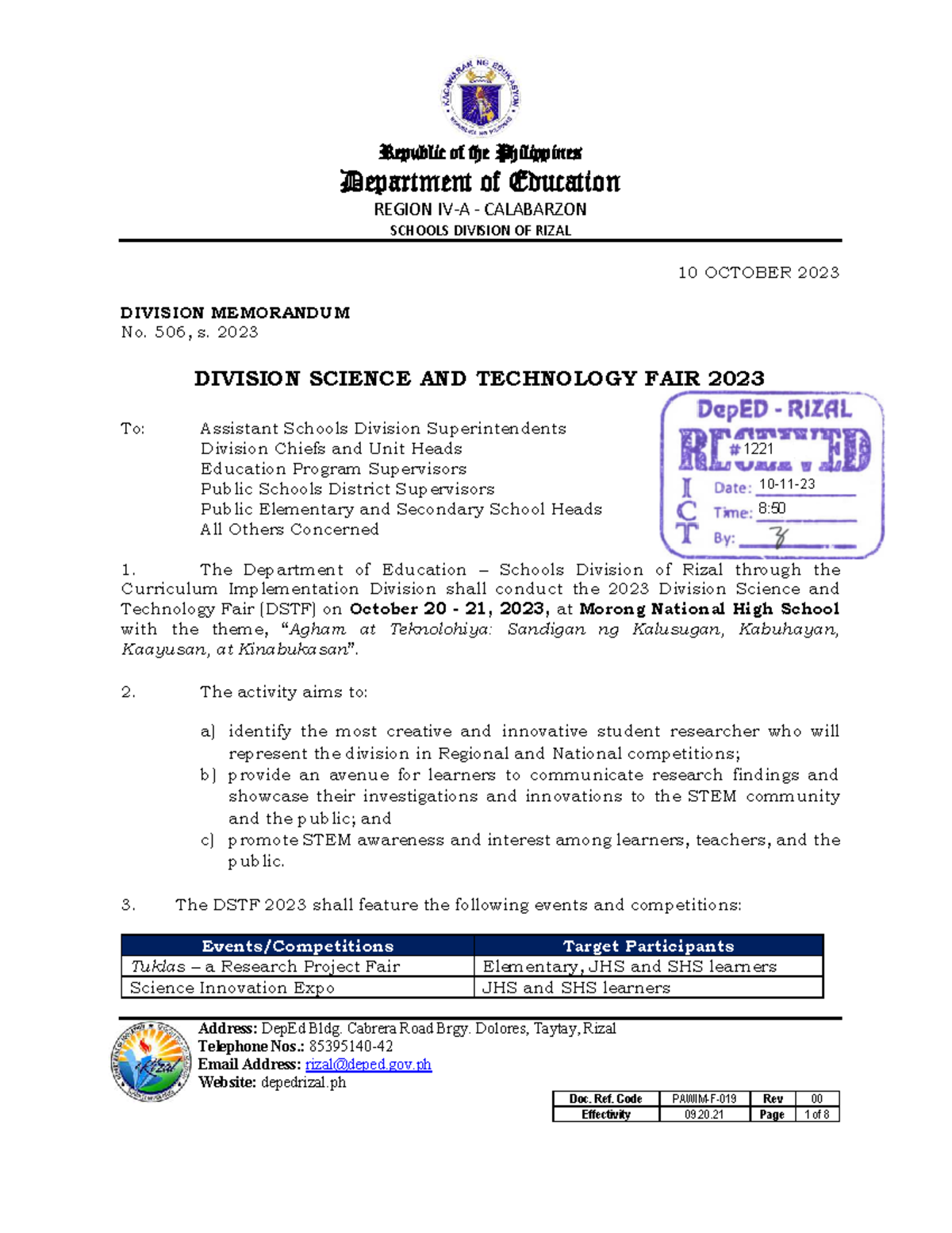 DIVISION MEMORANDUM No. 506, s. 2023: Science & Tech Fair Details - Studocu