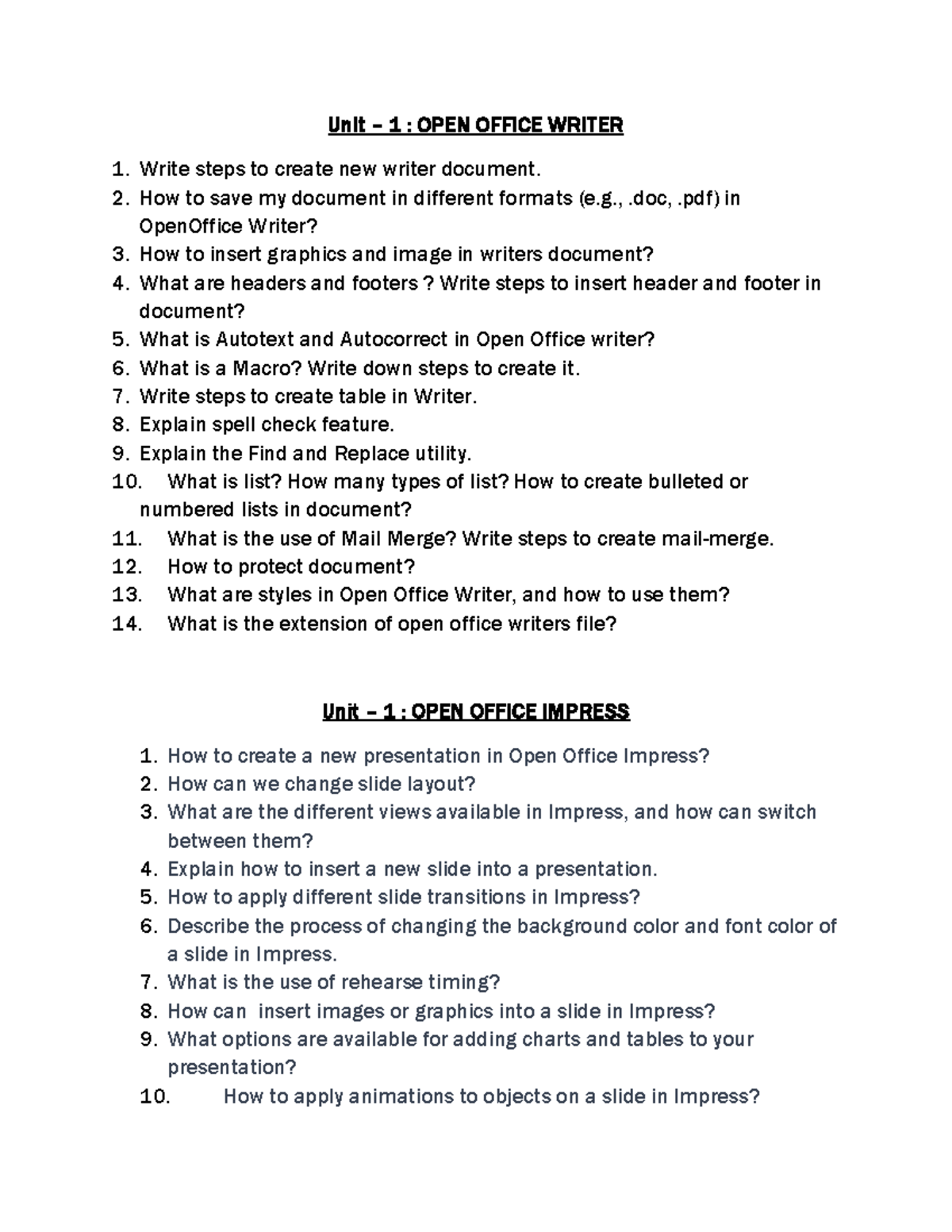 Unit 1: Question Bank for Open Office Writer, Impress & Calc - Studocu