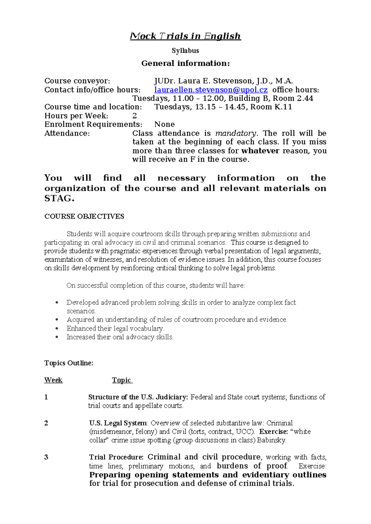 Mock Trial Syllabus (Course Code: MOCK) - Overview & Objectives - Studocu