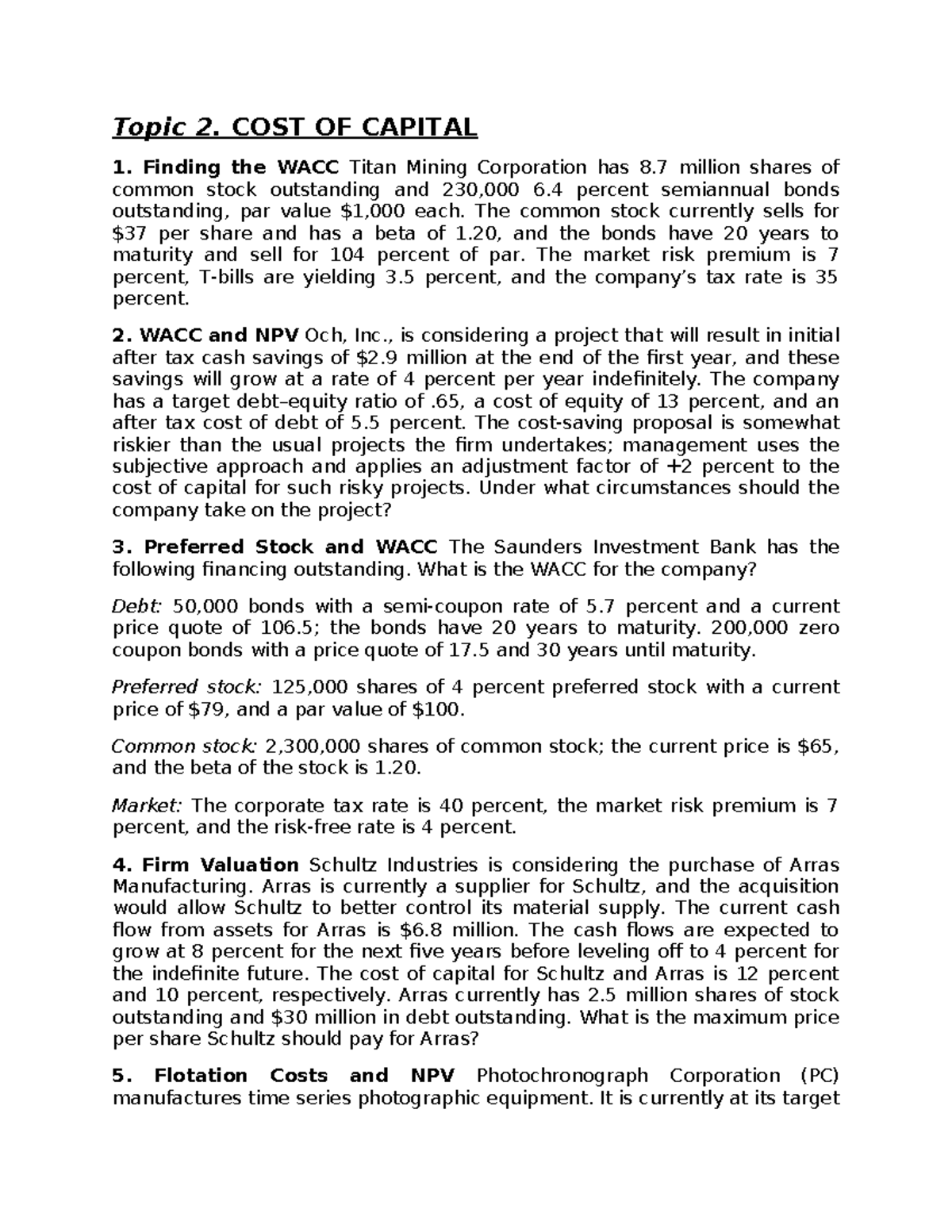 Chapter 2: Cost of Capital Analysis and WACC Calculations - Studocu