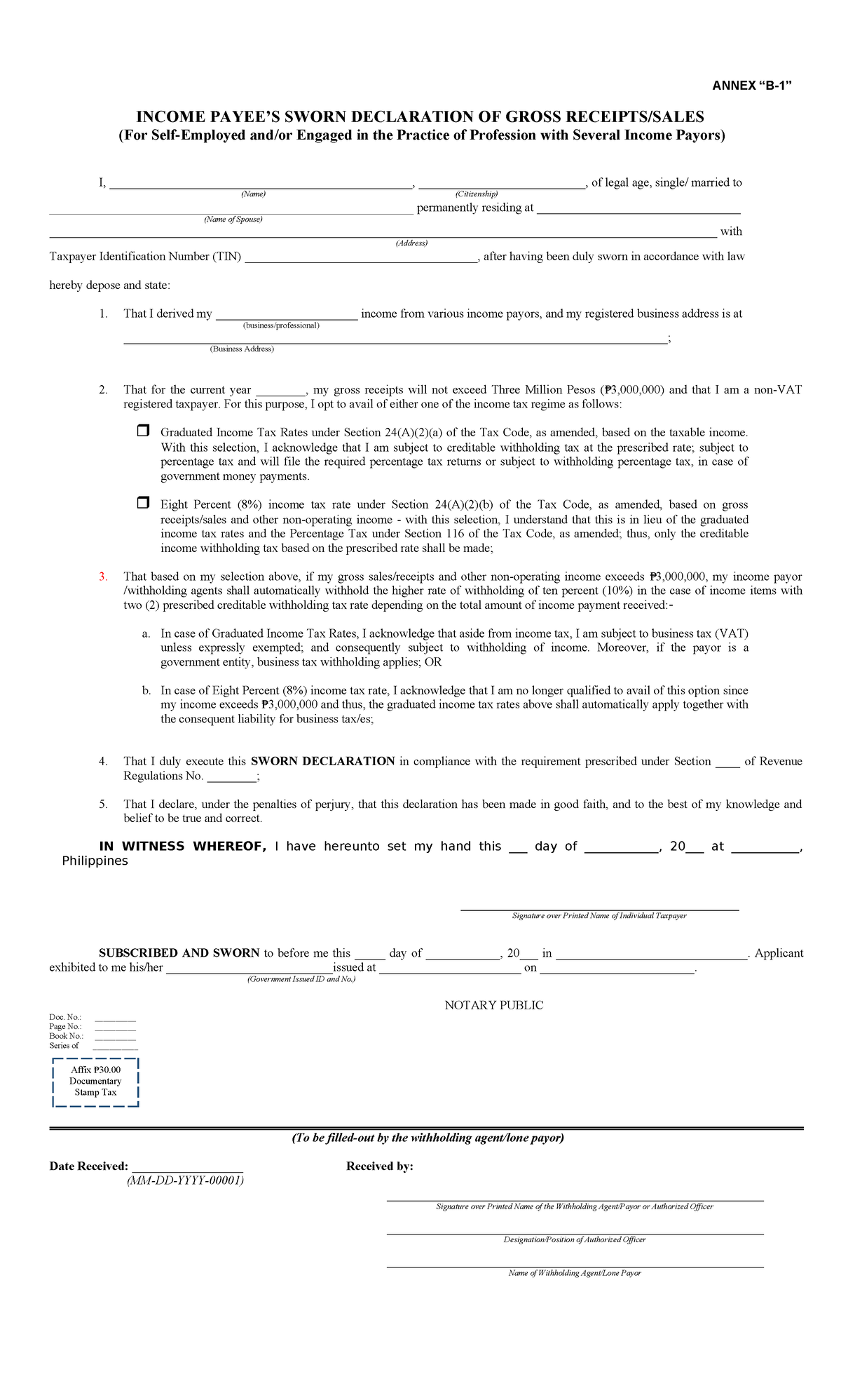 Annex B-1: Sworn Declaration of Gross Income for Tax Purposes - Studocu