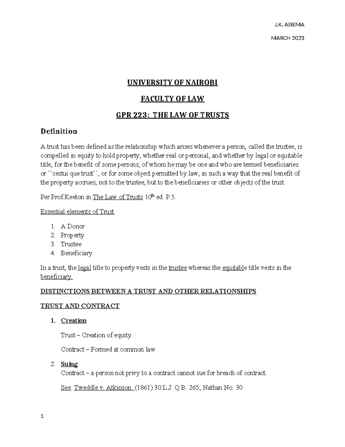 GPR 223 Final Exam Notes on The Law of Trusts - March 2023 - Studocu
