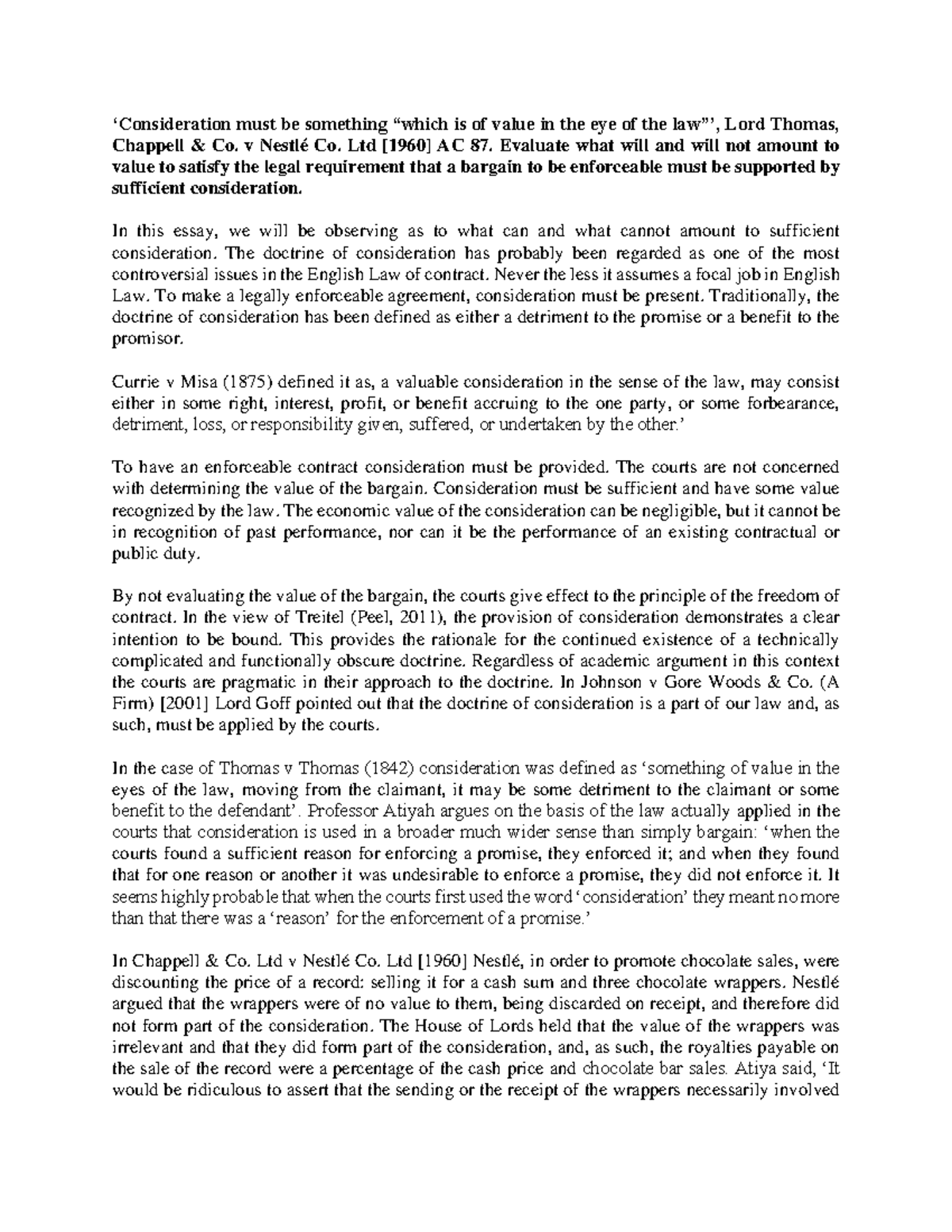 Evaluation of Consideration in English Contract Law: Sample Essay - Studocu
