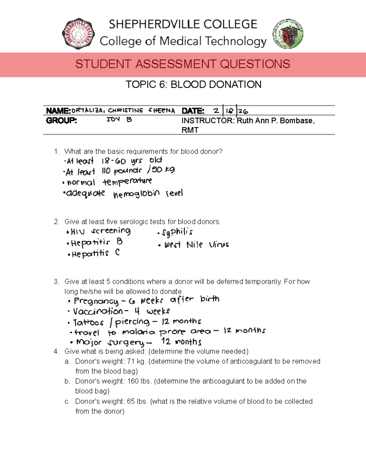 STUDENT ASSESSMENT: TOPIC 6 - BLOOD DONATION QUESTIONS - Studocu