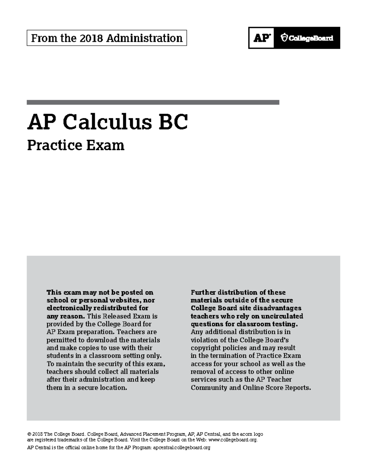 2018 AP Calculus BC - Practice Exam Guide and Instructions - Studocu
