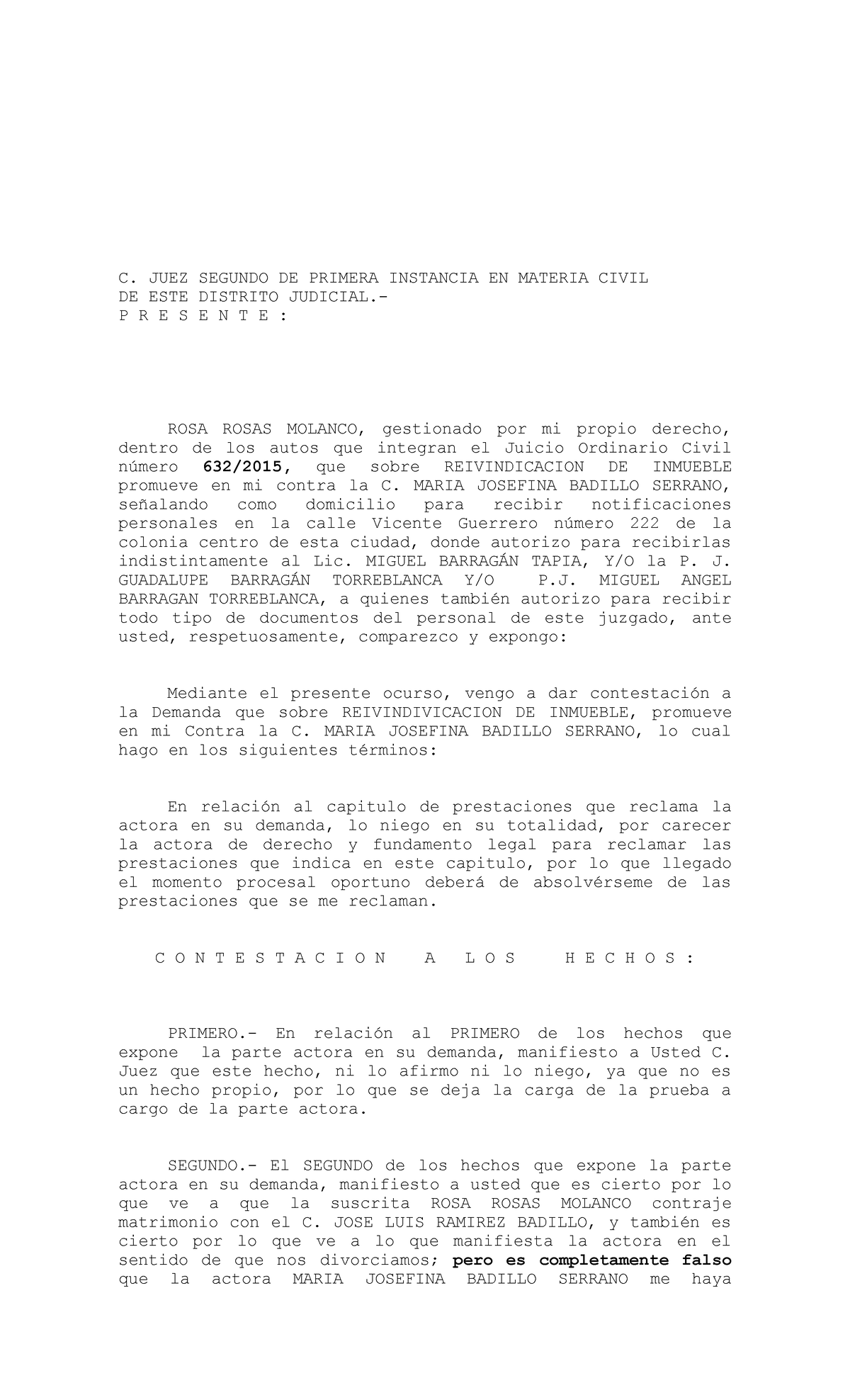 Contestación a la Demanda de Reivindicación de Inmueble - Juicio ...