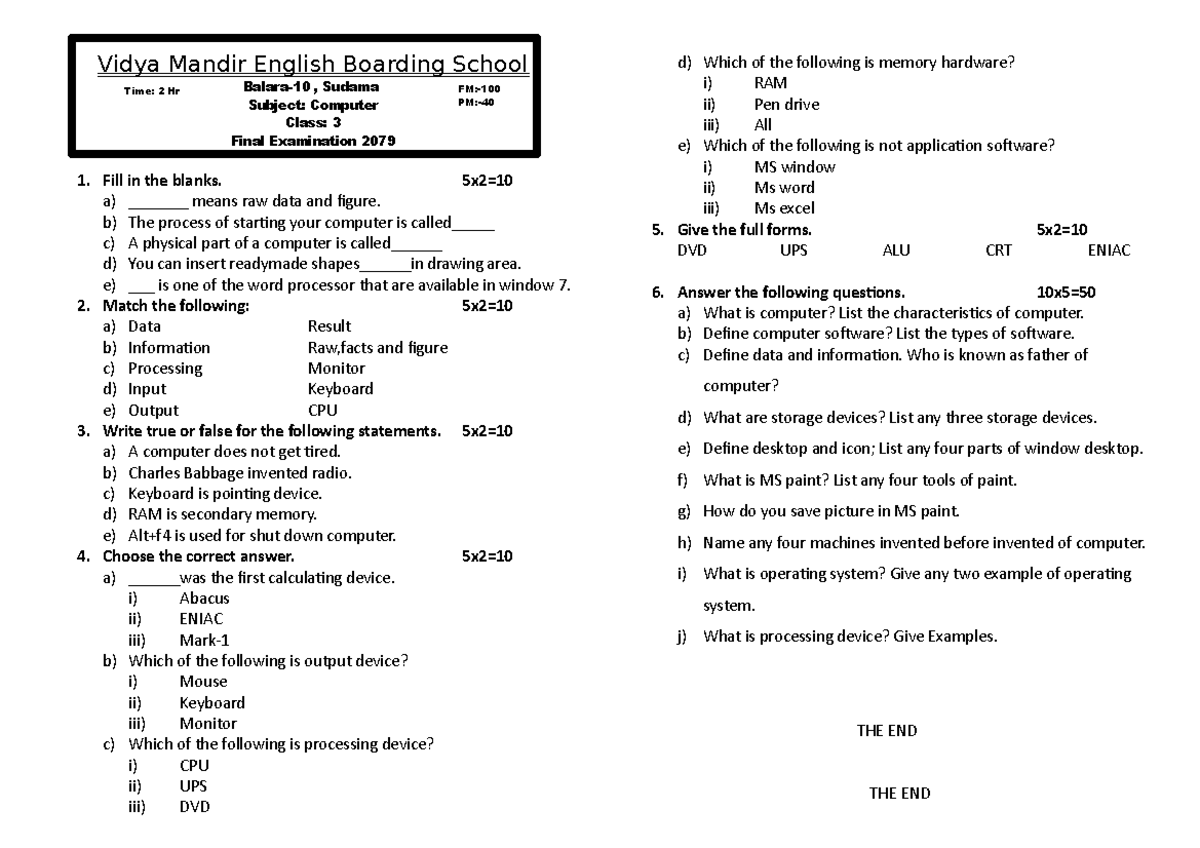 Computer 3 - Final Exam Material Guide for 2079 - Studocu