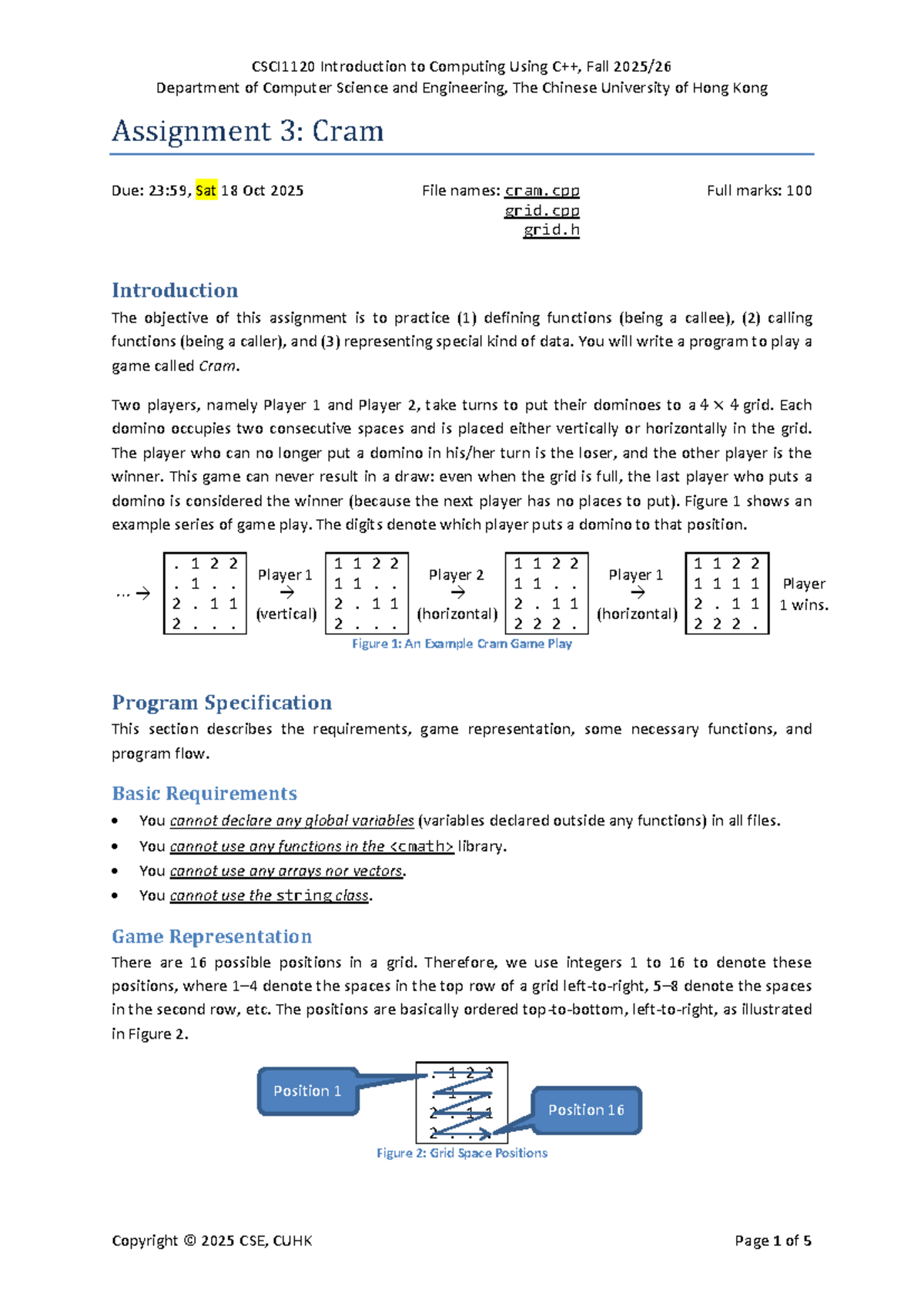 CSCI1120 Assignment 3: Cram Game Implementation Guide - Studocu