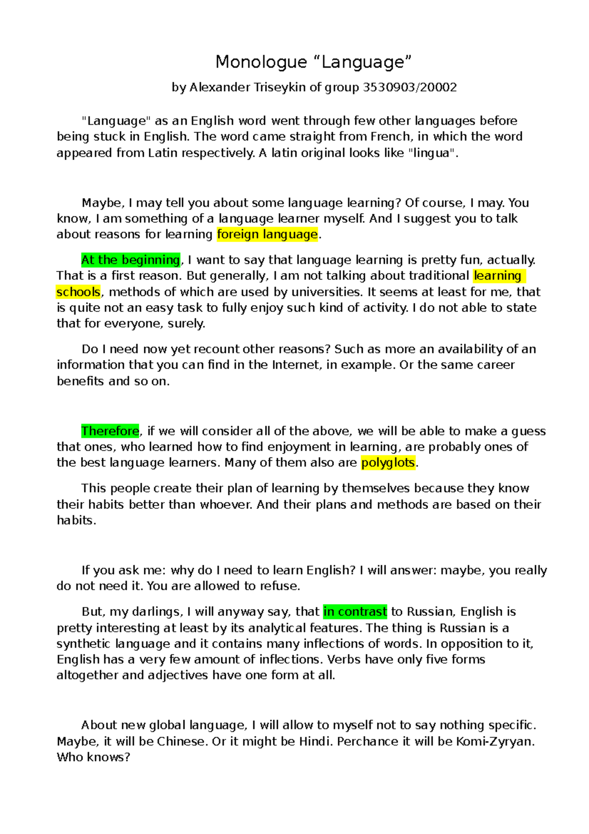 Monologue on Language Learning Insights (Module 4) - Studocu