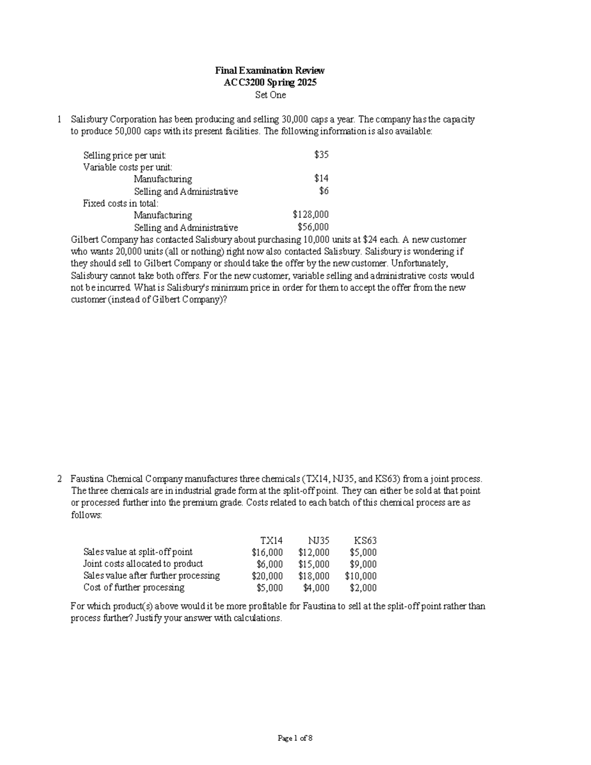 Final Exam Review ACC3200 Spring 2025 Practice Set 1 - Studocu