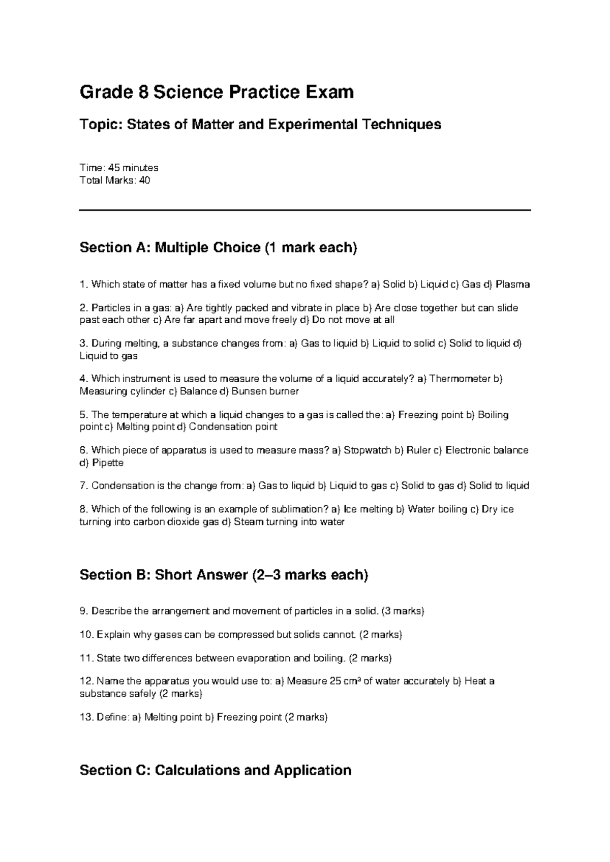 Grade 8 Science Practice Exam: States of Matter & Techniques - Studocu