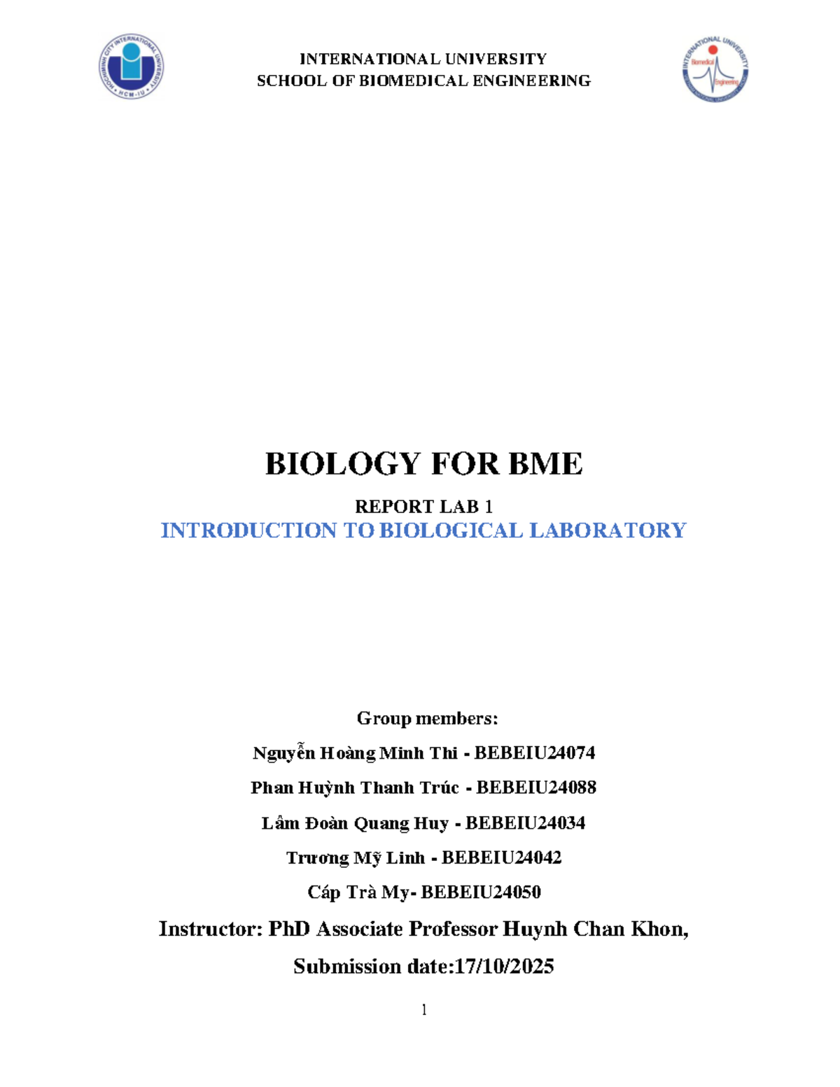 Lab 1 Report: Introduction to Biological Laboratory (BEBEIU24074) - Studocu