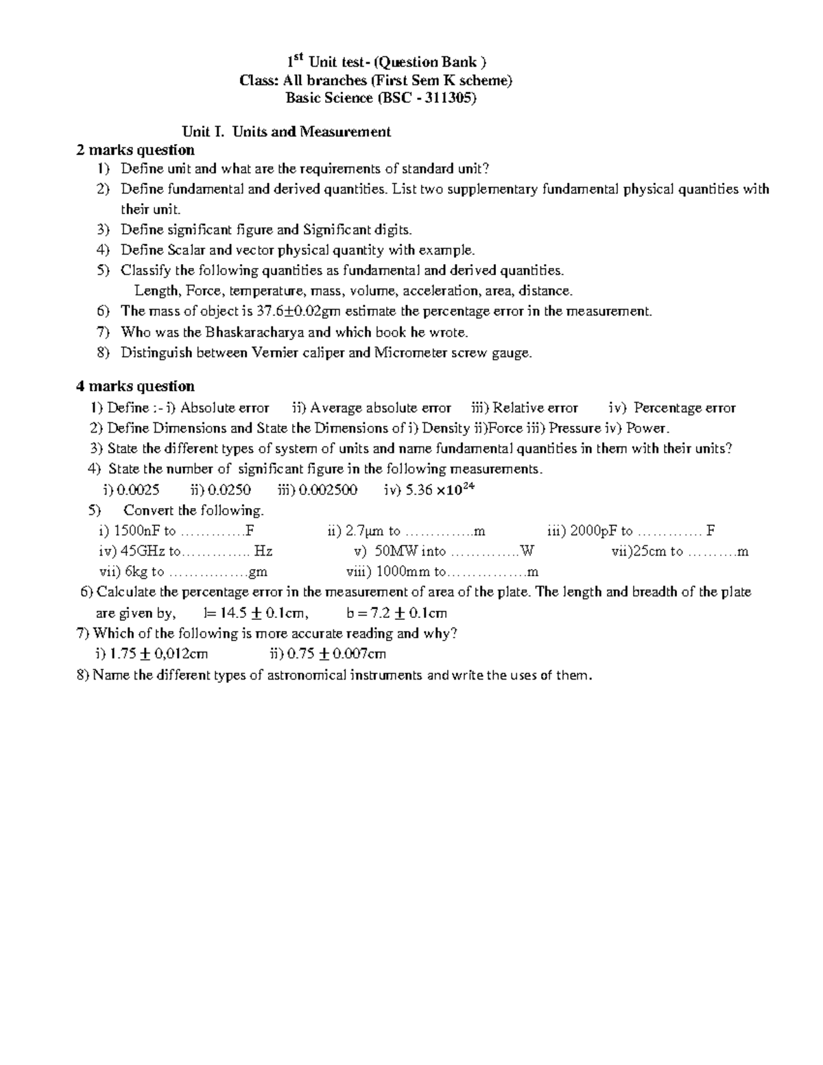 BSC 311305 Basic Science Unit I Question Bank - 1st Sem K Scheme - Studocu