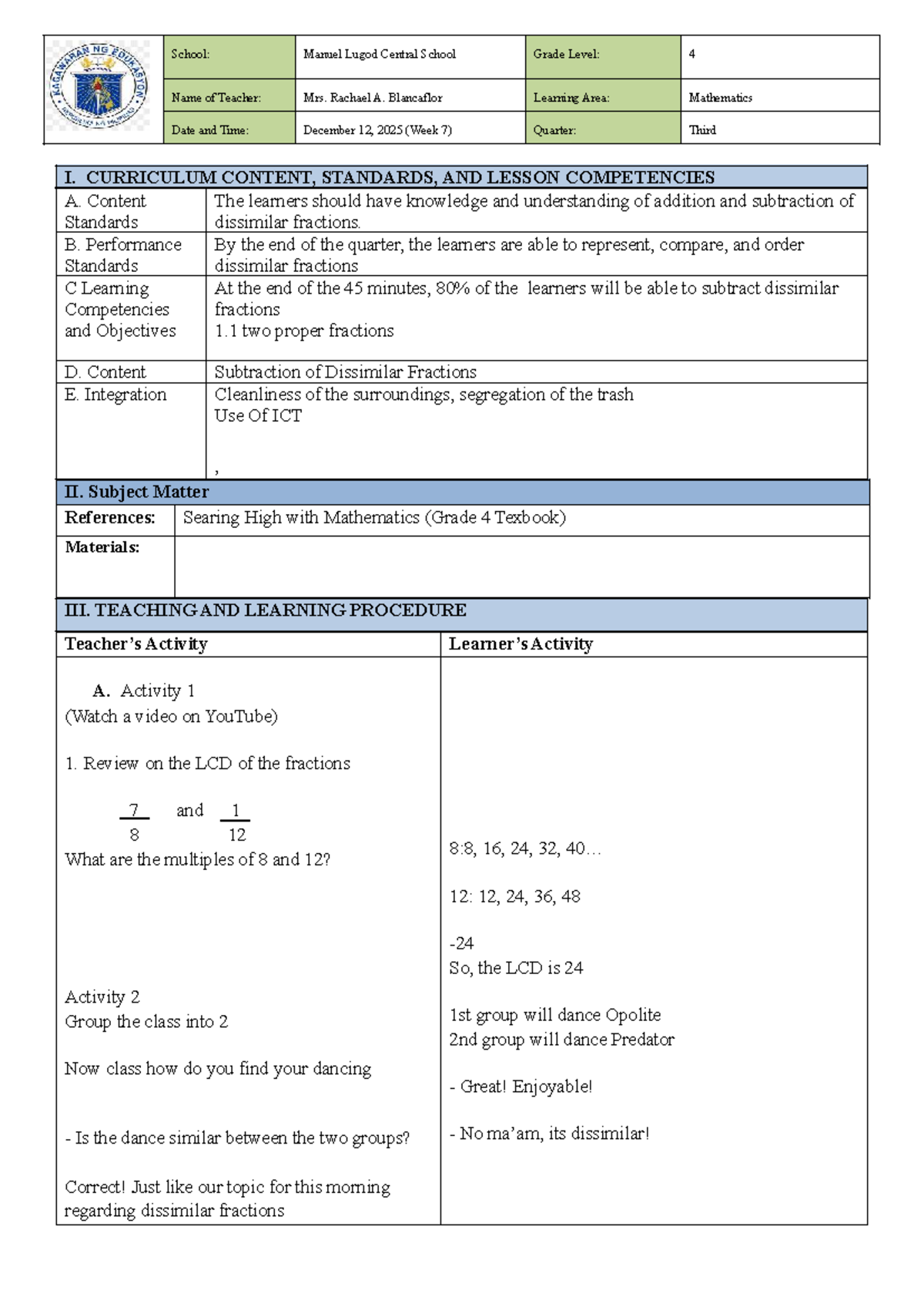 Math Lesson Plan: Subtraction of Dissimilar Fractions (Grade 4) - Studocu
