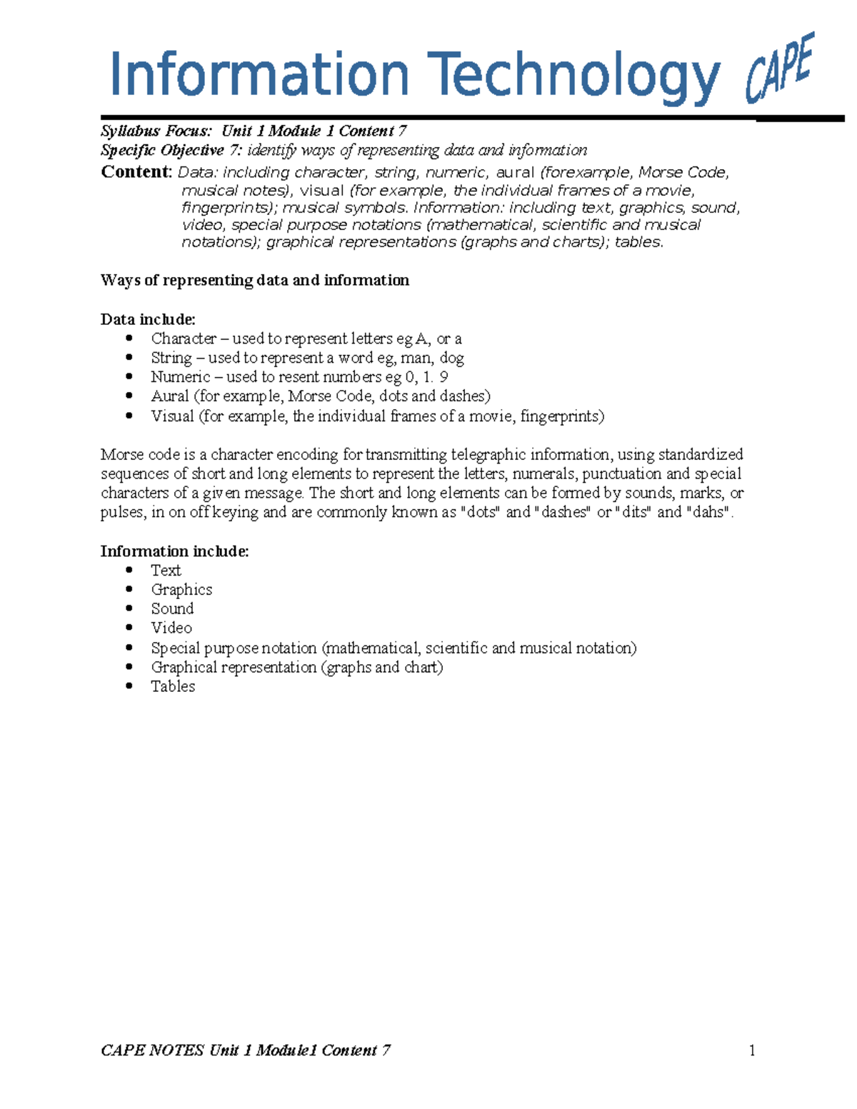 CAPE Notes: Unit 1 Module 1 - Data & Information Representation - Studocu