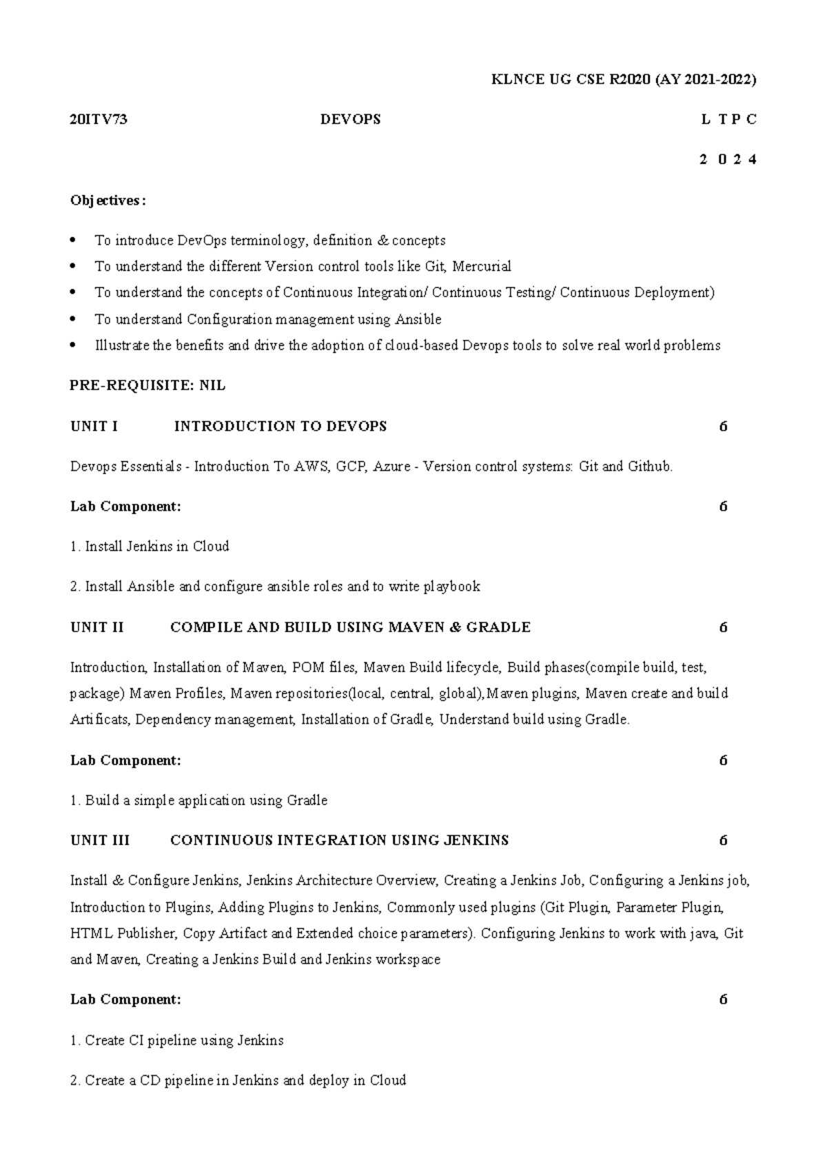 20ITV73 DevOps Course Syllabus Overview for AY 2021-2022 - Studocu