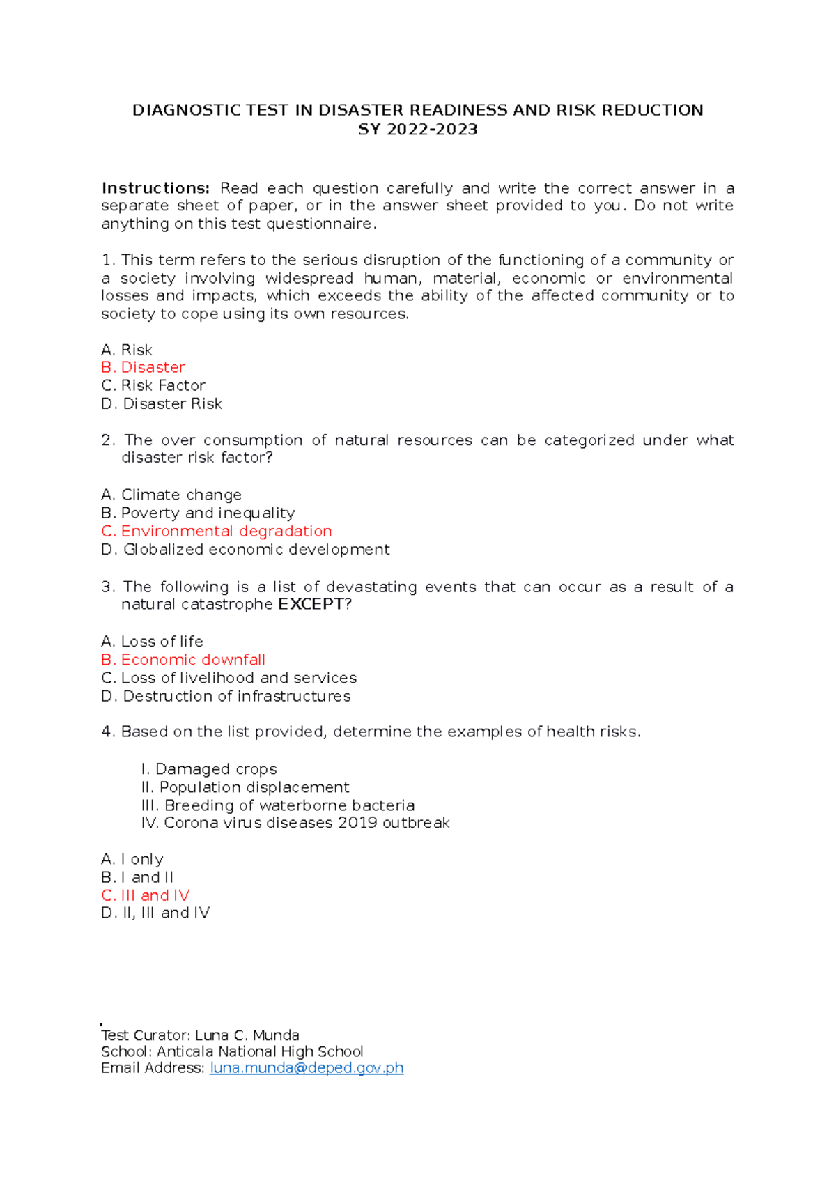 DRRR Diagnostics Answer Key for Final Assessment 2022-2023 - Studocu