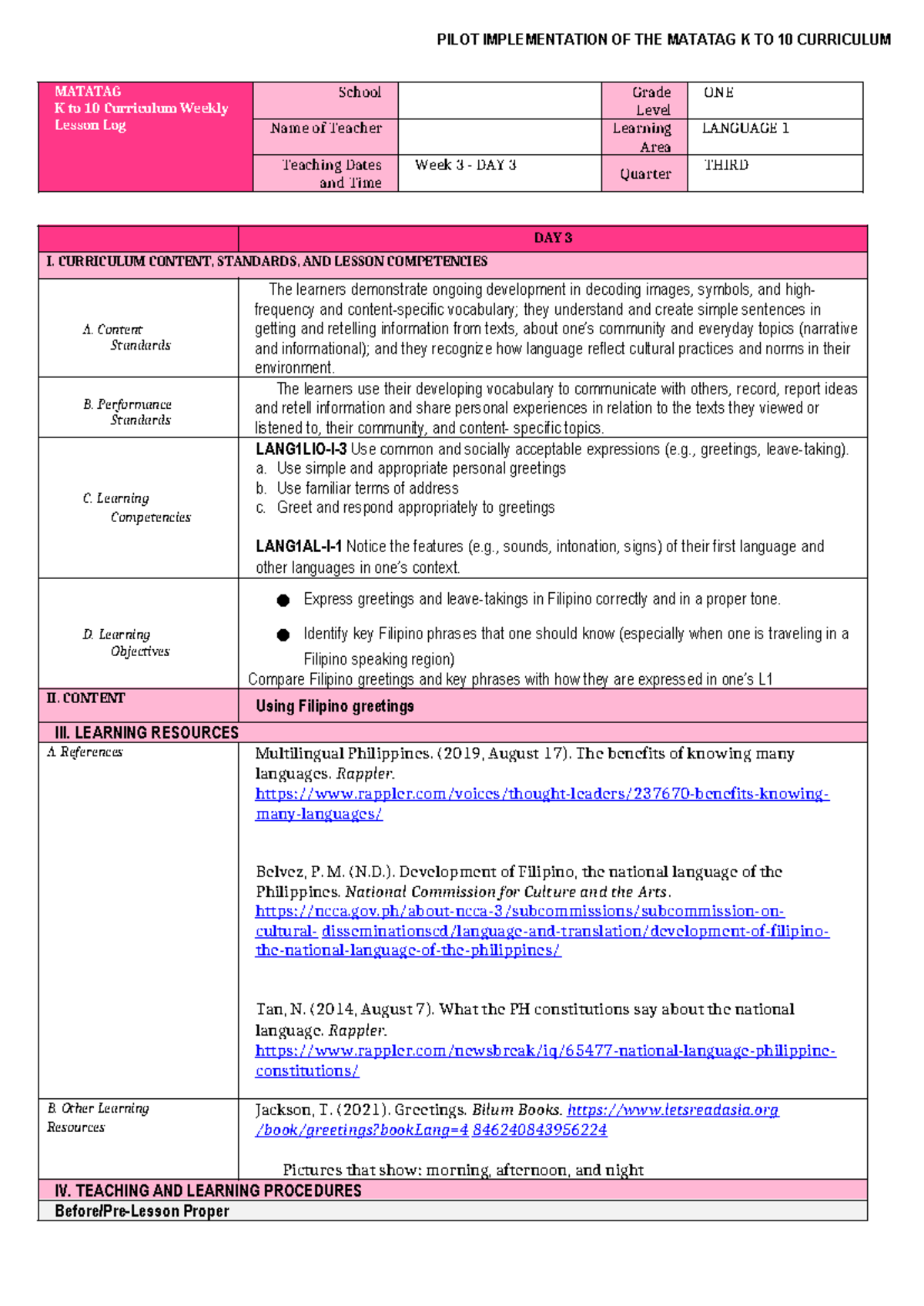 MATATAG K to 10 CURRICULUM: WEEK 3 LANGUAGE 1 LESSON LOG - Studocu