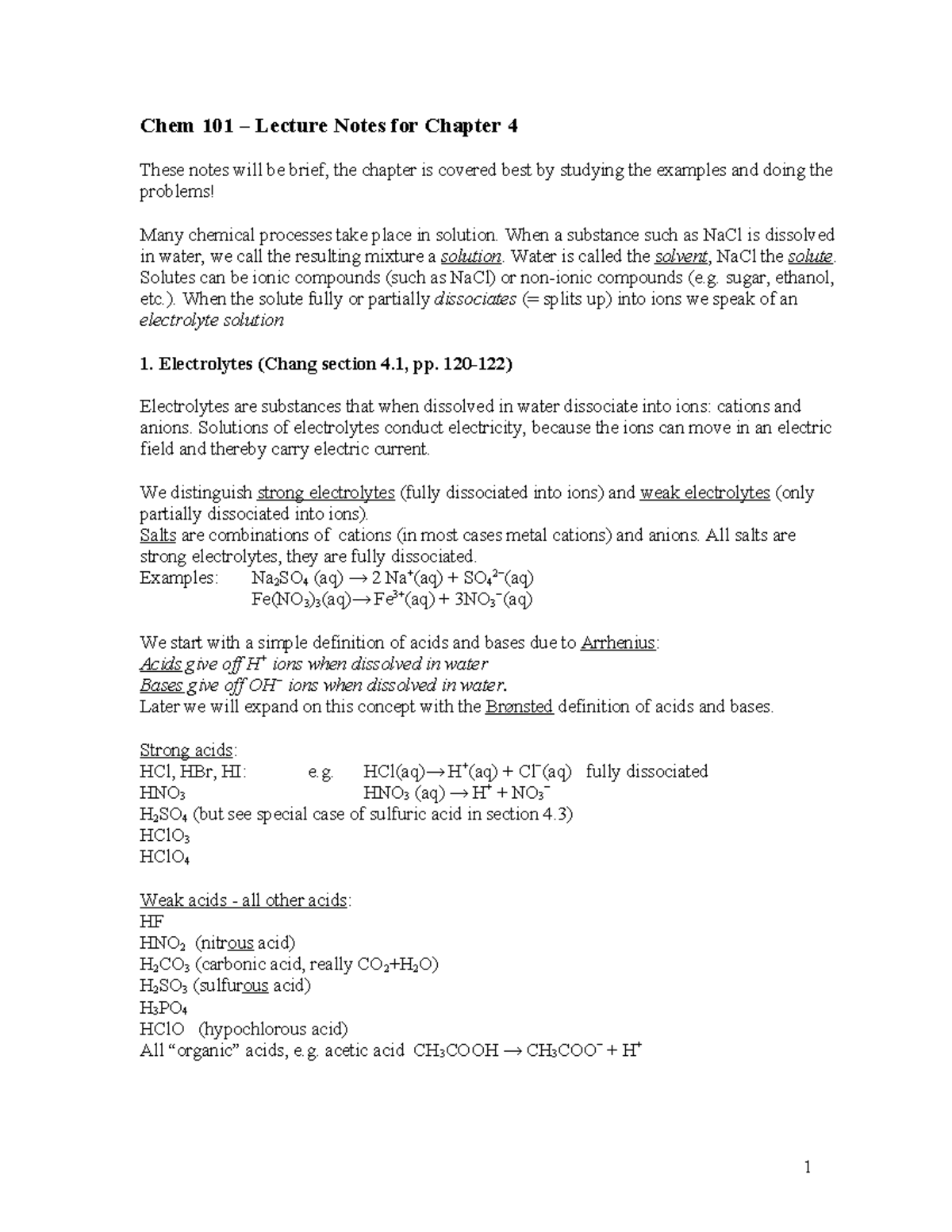 Chem 101 Chapter 4 Lecture Notes on Solutions and Reactions - Studocu