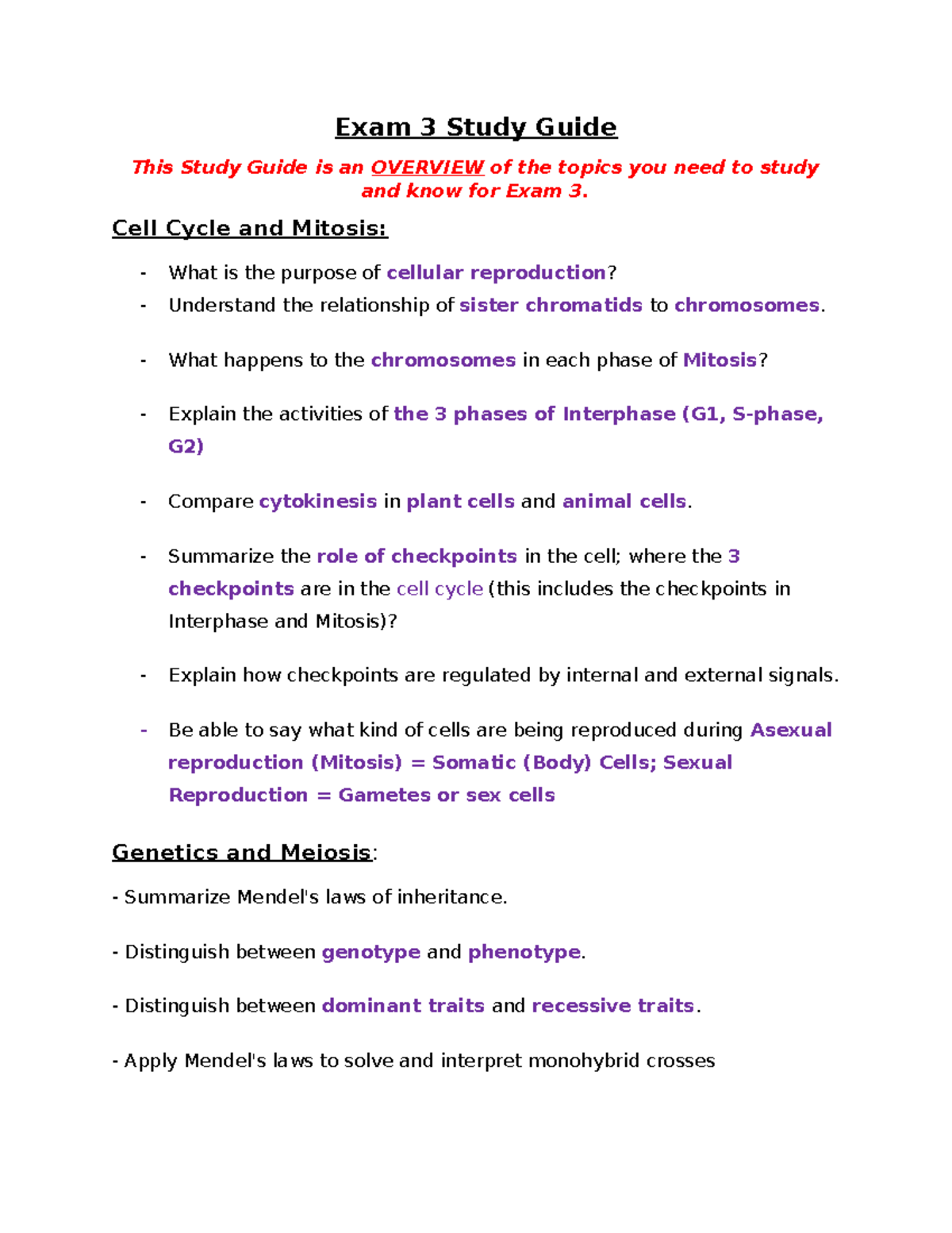 BIO 110 Exam 3 Study Guide: Cell Cycle, Mitosis, Genetics & DNA - Studocu