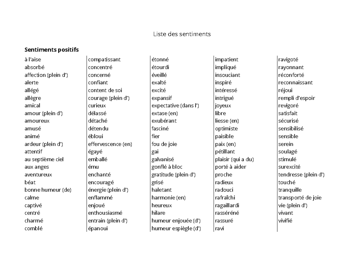 Liste des Sentiments Positifs et Négatifs - Psychologie 101 - Studocu