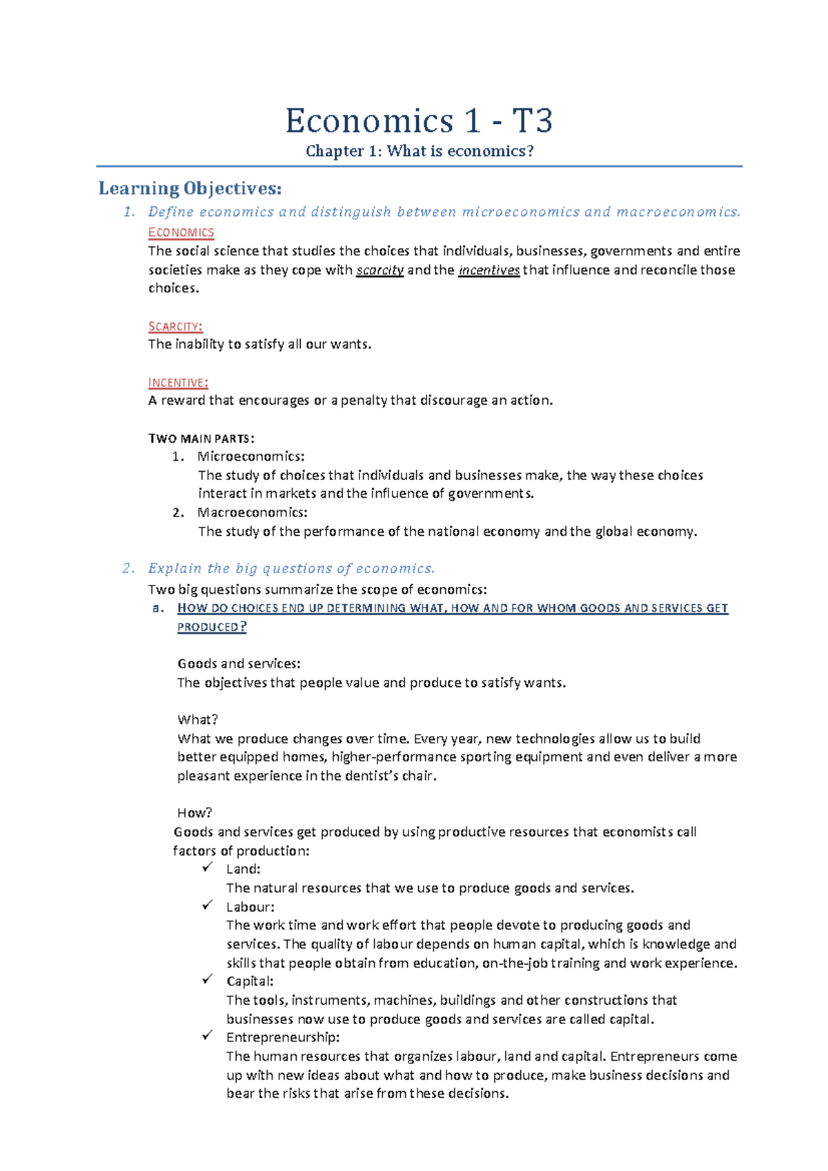 Economics 1: Summary of Key Concepts from Chapter 1 - Studeersnel