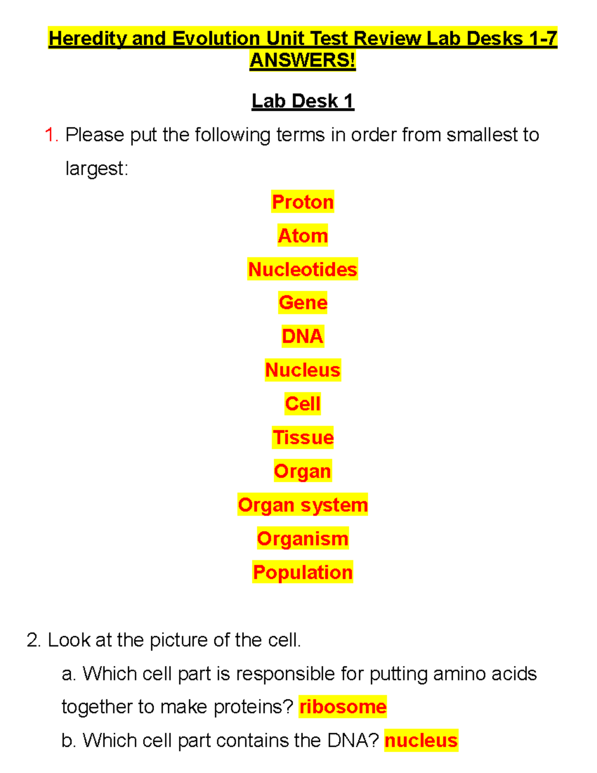 Heredity and Evolution Unit Test Review - Lab Desks 1-7 Answers - Studocu