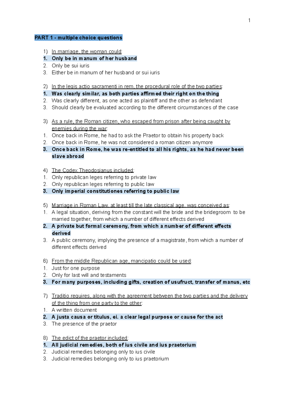 Roman Law Q&A: Multiple Choice & Short Questions (Course Code: LAW101 ...