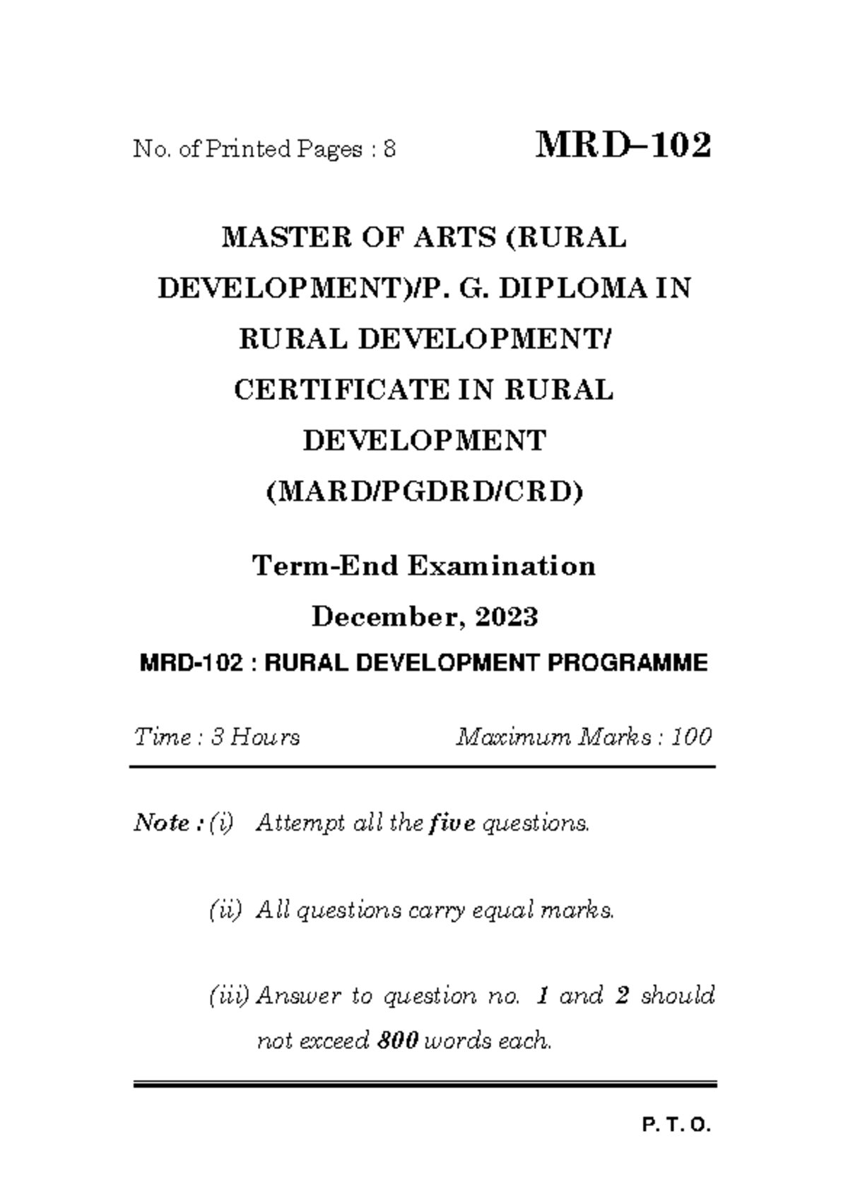 MRD-102 - Rural Development Programme Exam Questions December 2023 ...