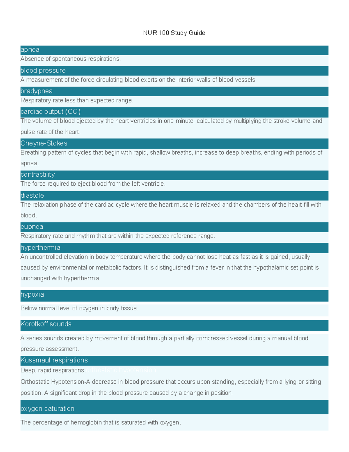 NUR 100 Study Guide: Key Concepts for Exam 1 Preparation - Studocu