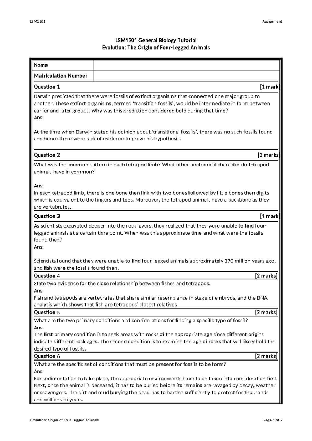 Evolution tut ans - LSM1301 Assignment LSM1301 General Biology Tutorial ...