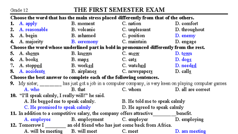 Grade 12 English First Semester Exam Practice Questions - Studocu