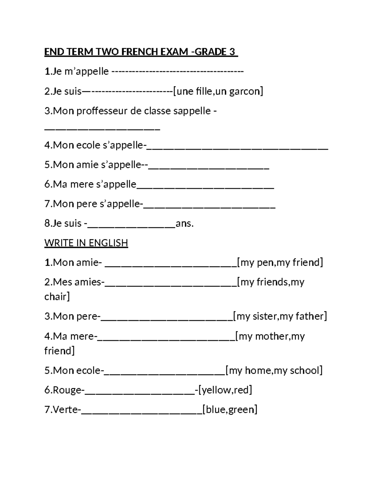 END TERM TWO French EXAM - END TERM TWO FRENCH EXAM -GRADE 3 1 m ...