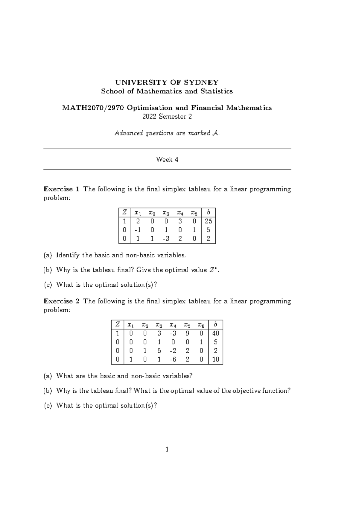 MATH2701 Tutorial Week 4: Advanced Linear Programming Exercises - Studocu