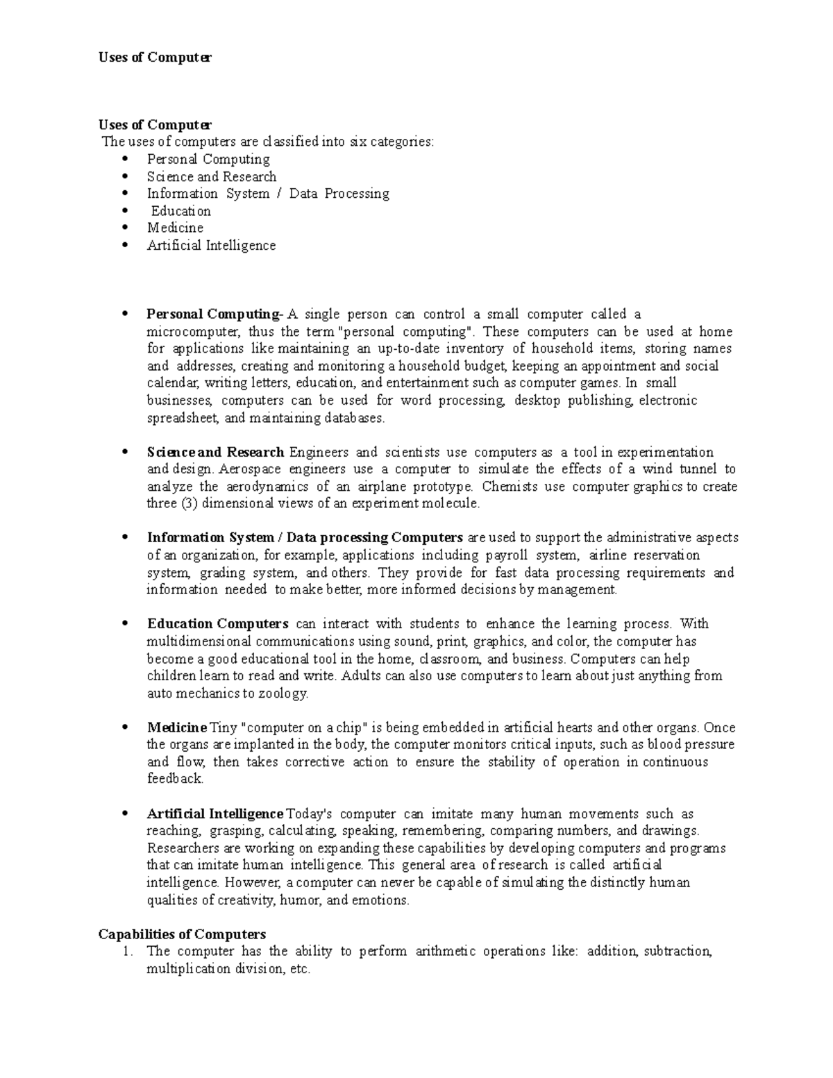 Uses of Computer - Uses of Computer Uses of Computer The uses of ...