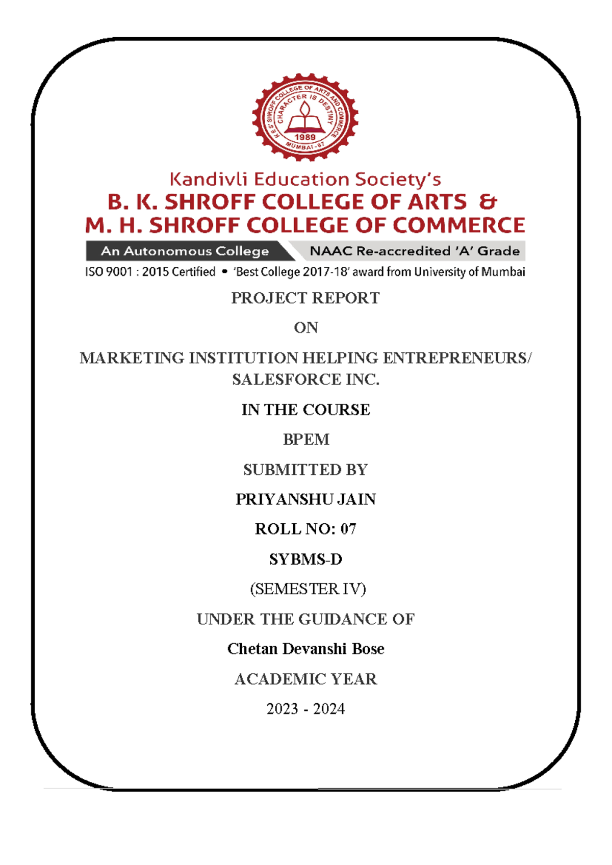 Student Projects Cover page & Certificates - B.com bachelors - PROJECT ...