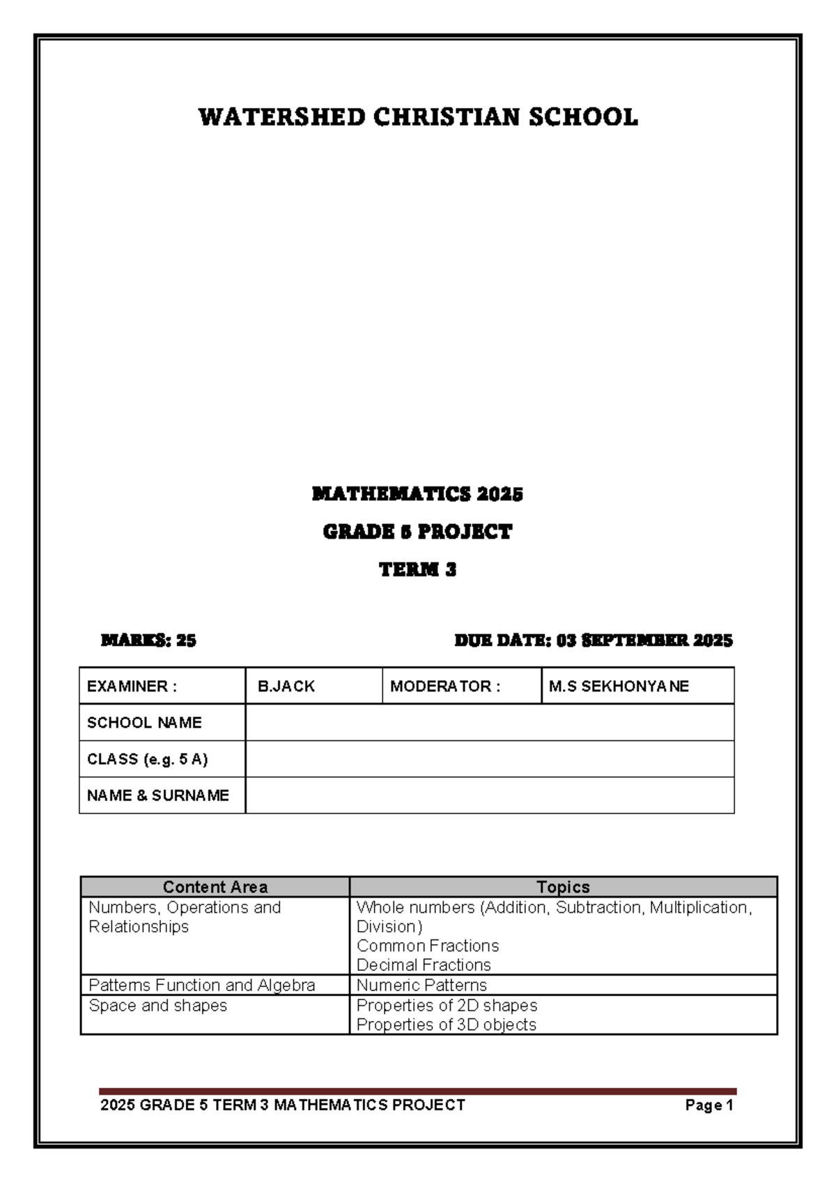Grade 5 Mathematics Project Term 3 2025 - WCS - Studocu