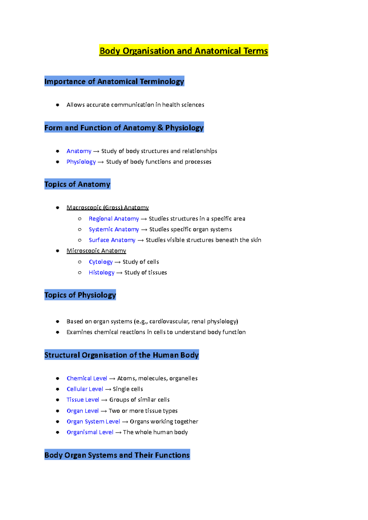 Lecture Notes on Body Organization and Anatomical Terms - PBHM - Studocu